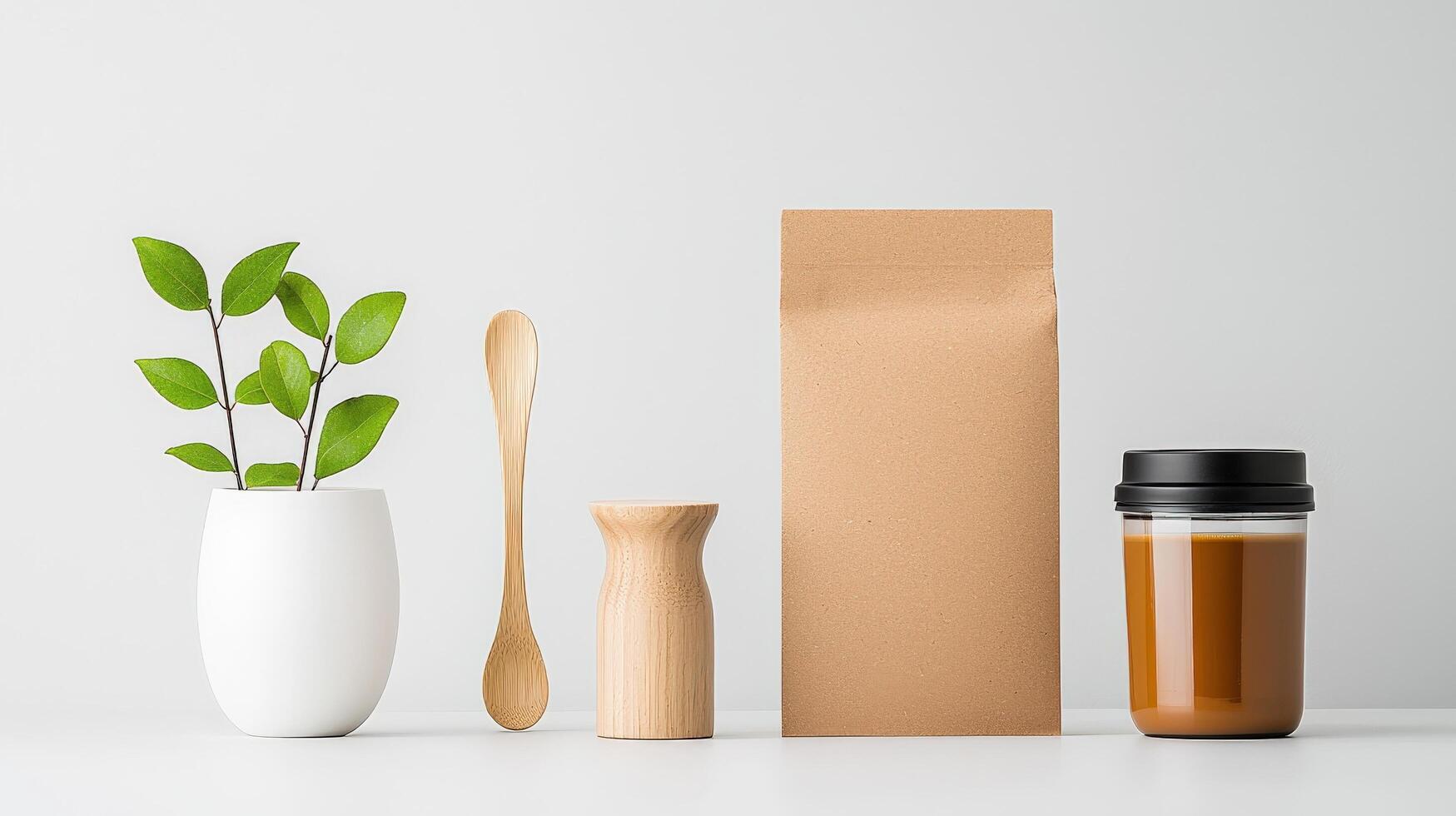 A white vase with a green leaf sits on a table next to a brown box photo