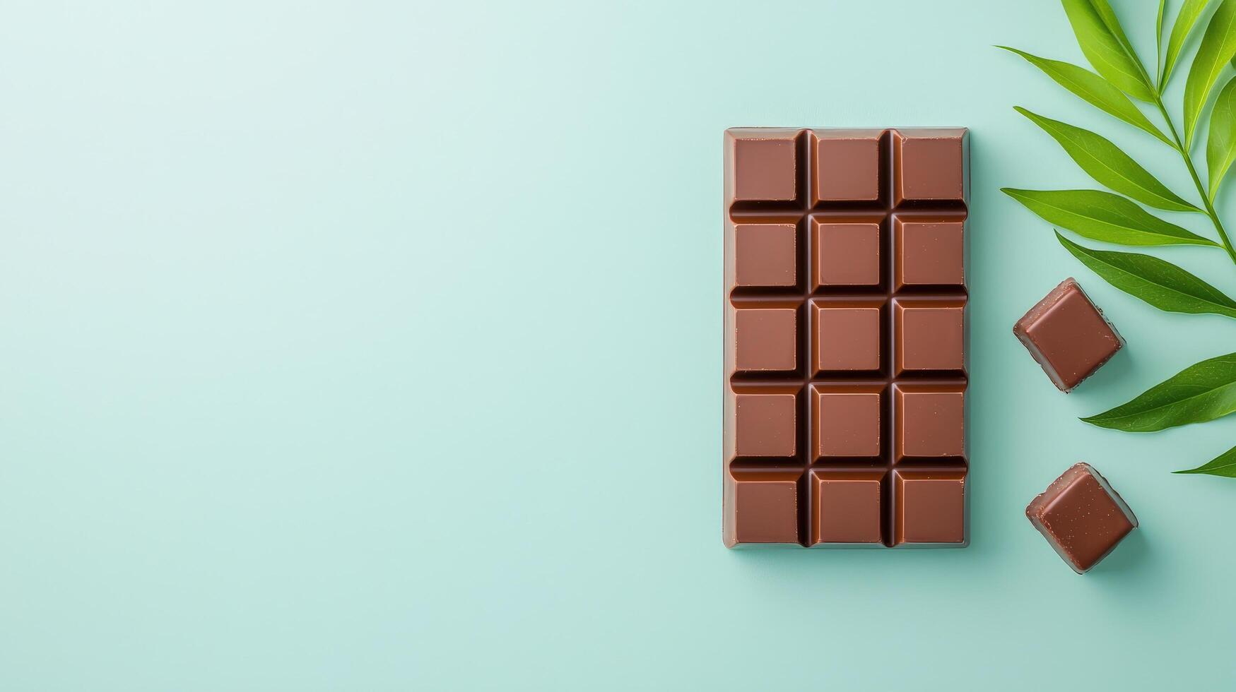 A chocolate bar is on a table with a green leaf photo