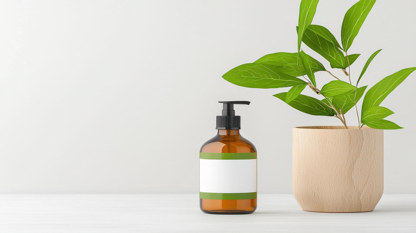A bottle of lotion sits next to a potted plant photo