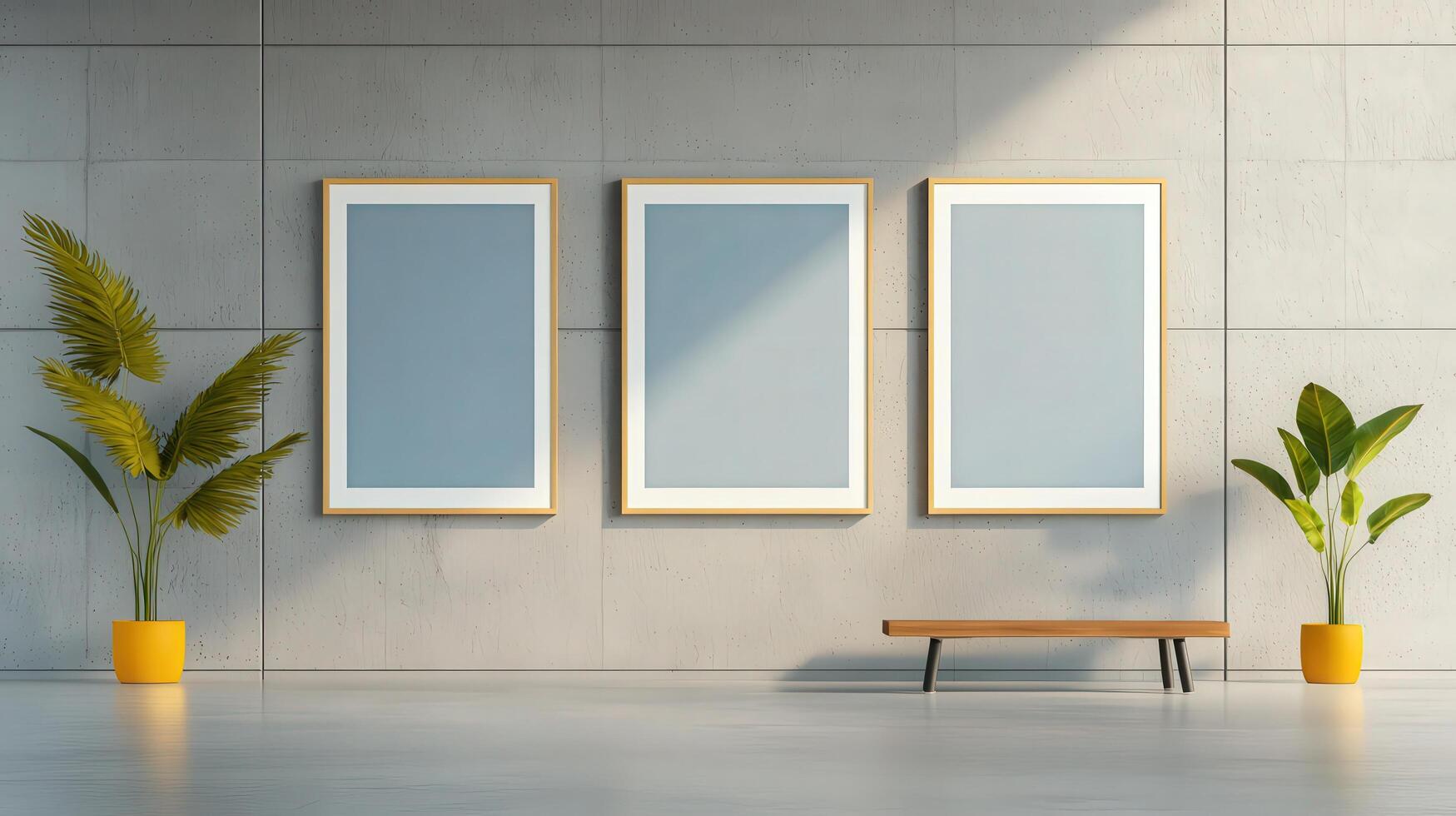Three empty frames are hanging on a wall in a room photo