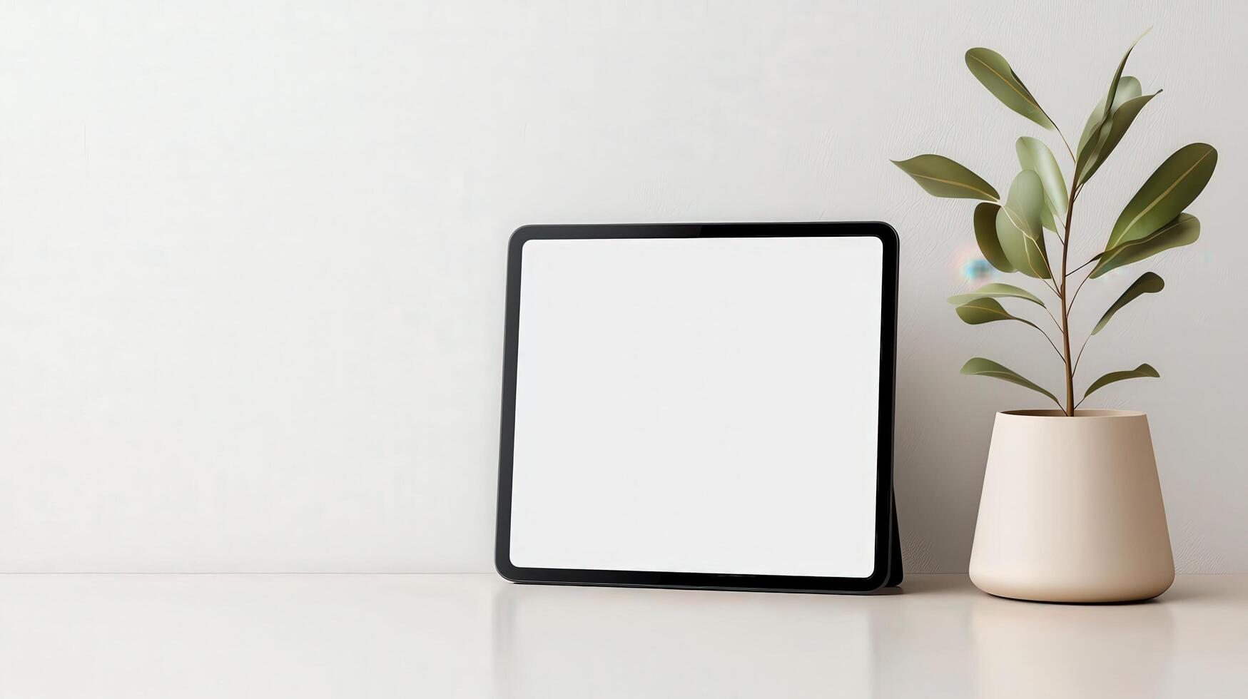 A white tablet sits on a table next to a potted plant photo
