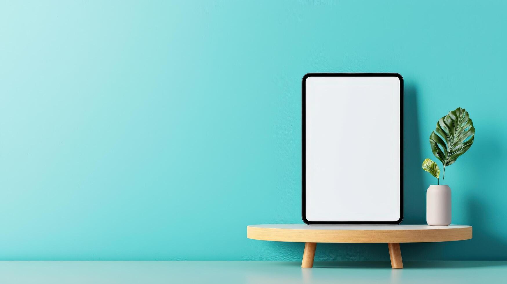 A white tablet sits on a wooden stand in front of a blue wall photo