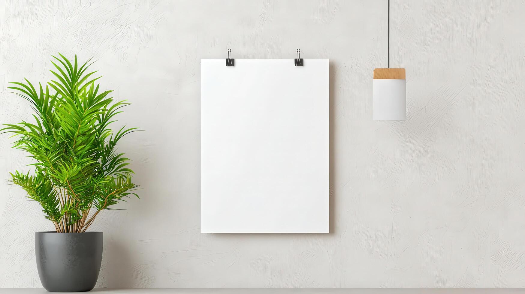 A white poster is hanging on a wall next to a potted plant photo
