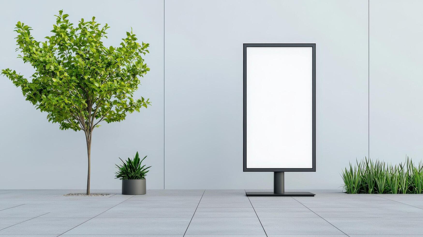 A white sign is standing in front of a tree and some potted plants photo