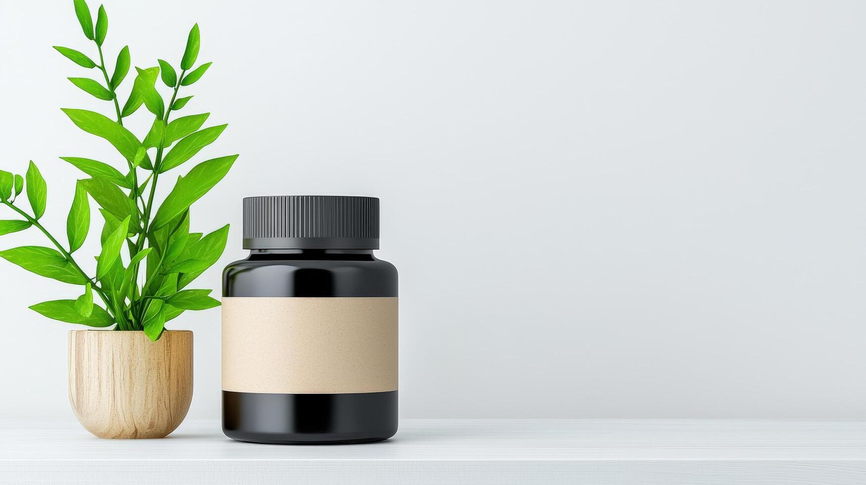 A black bottle with a brown label sits on a wooden shelf next to a potted plant photo
