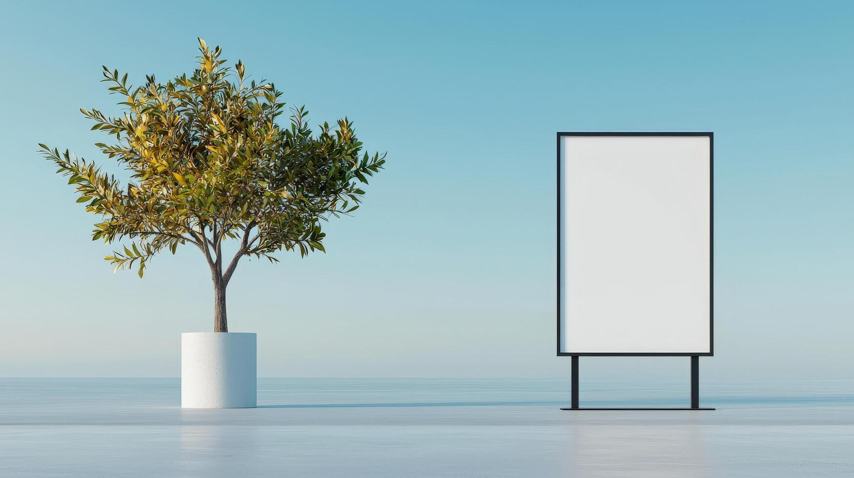 A white sign is next to a tree photo