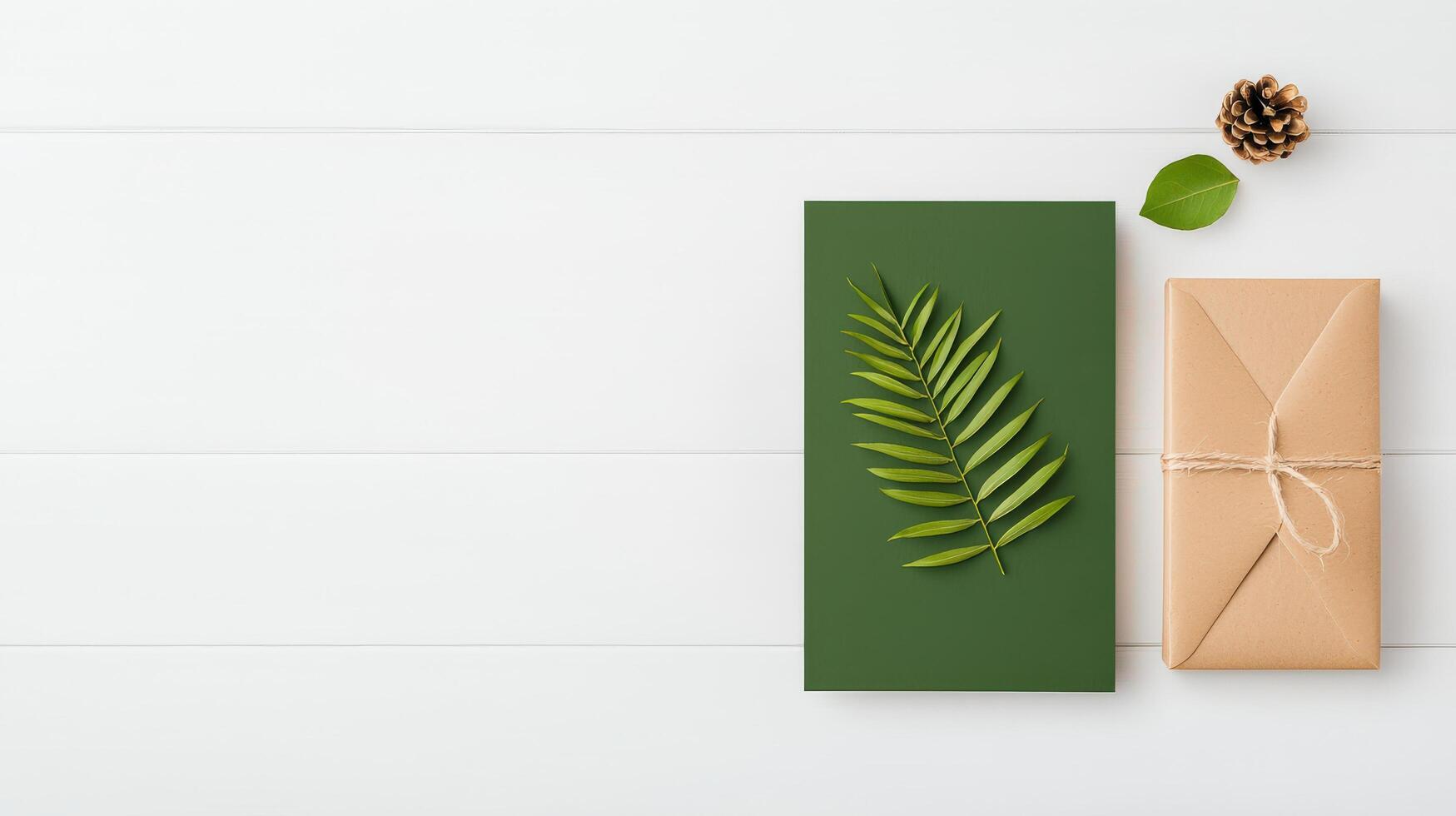 A green leaf is on top of a brown card photo
