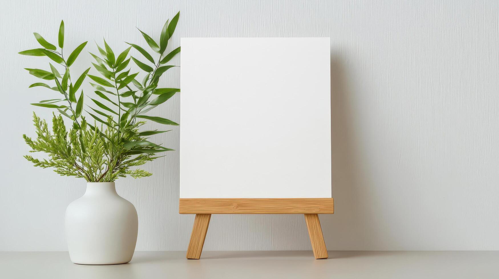 A white square frame with a white background and a green plant in a white vase photo