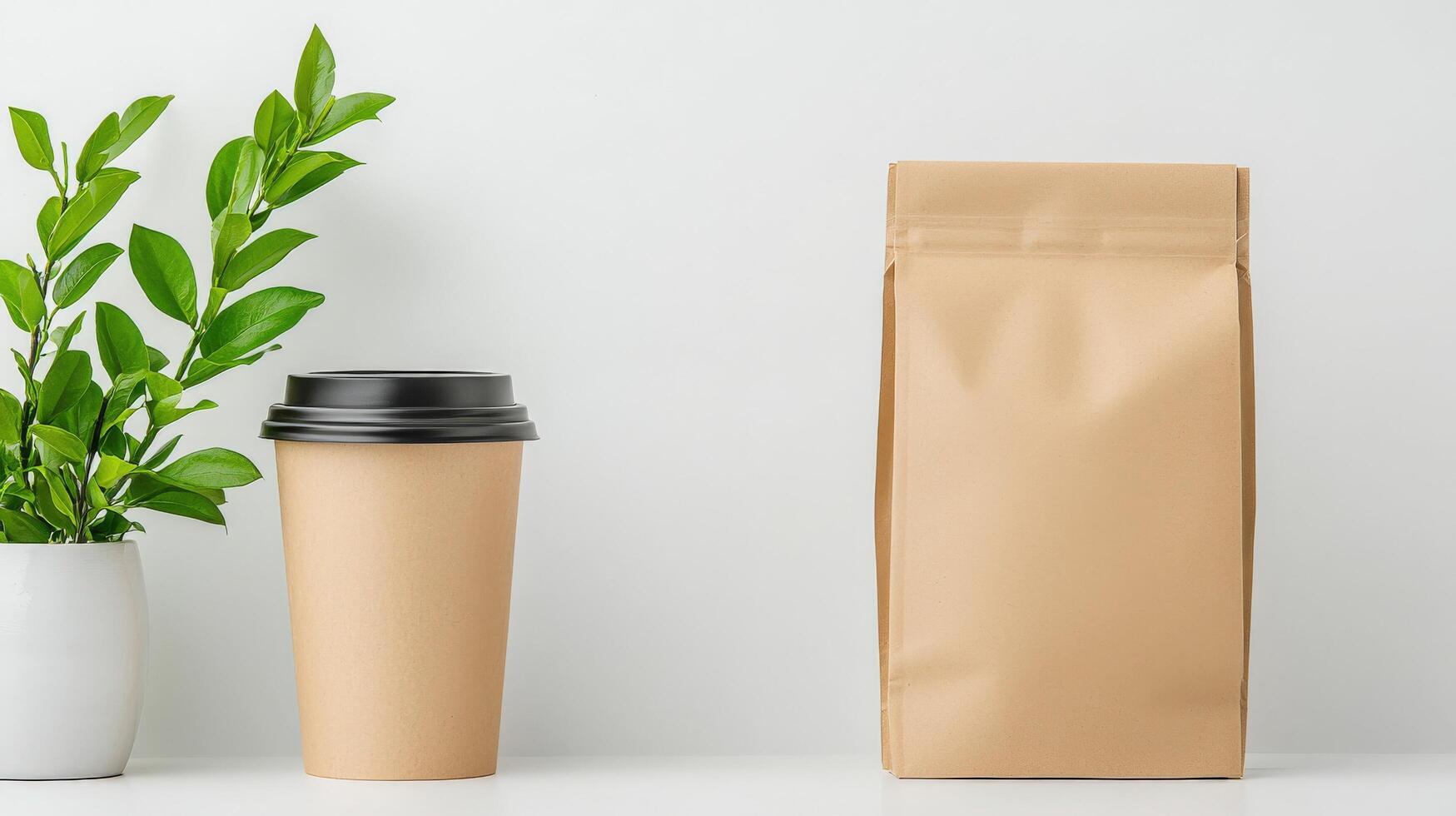 Minimalist Setup A coffee cup and a brown paper bag are on a table photo