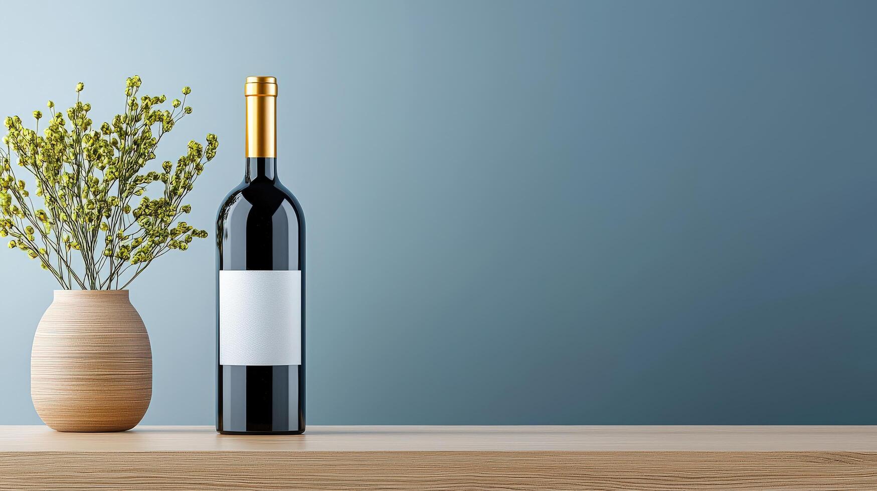 A bottle of wine is on a table next to a vase of flowers photo