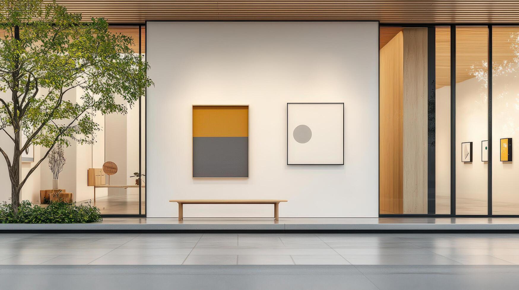 A white building with a large window and a bench in front of it photo