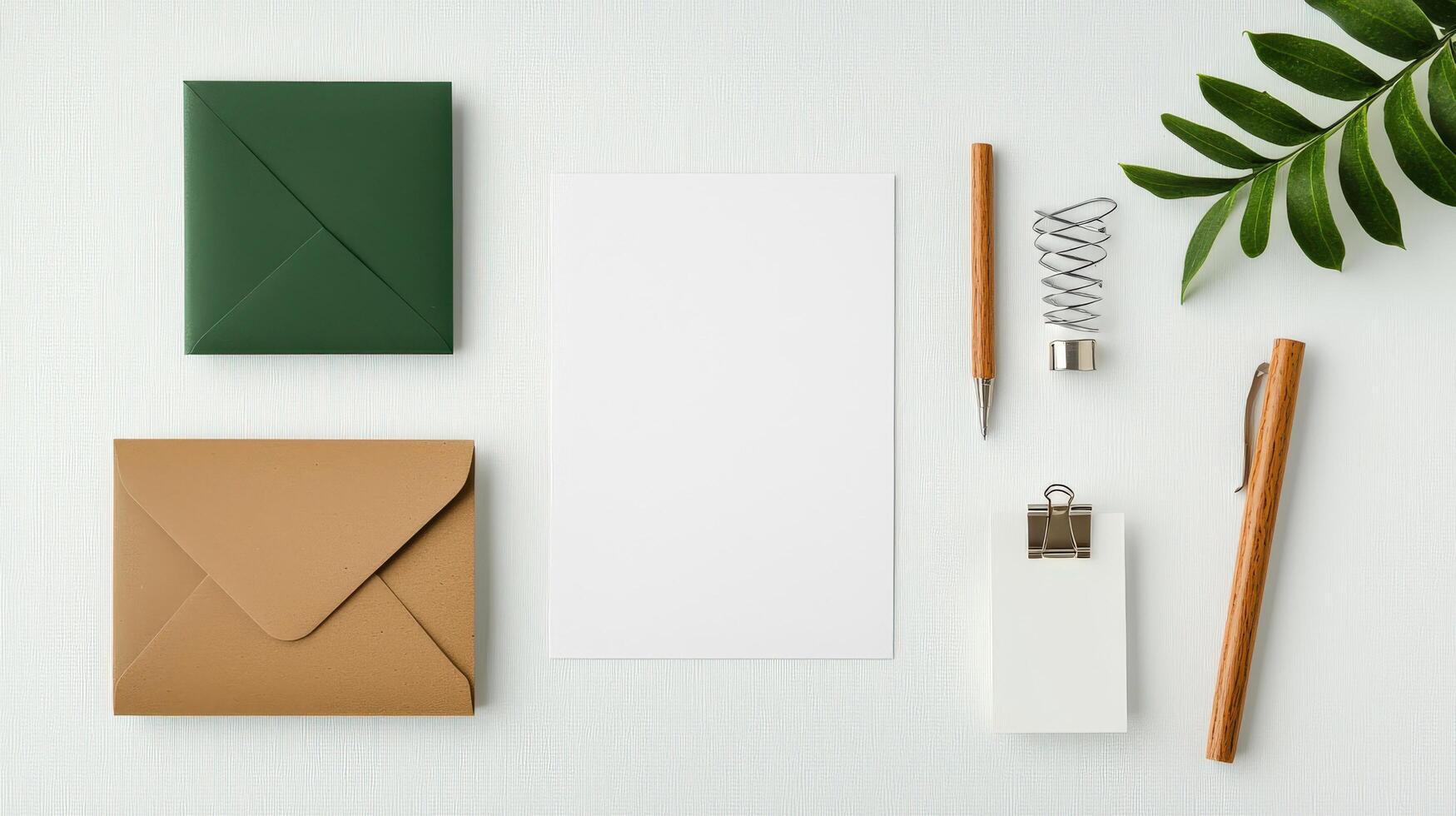 A white piece of paper sits on a table with a pen and a clip photo