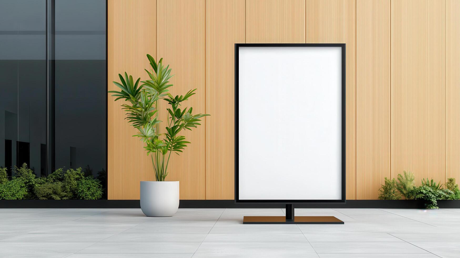 A white sign is standing in front of a plant photo