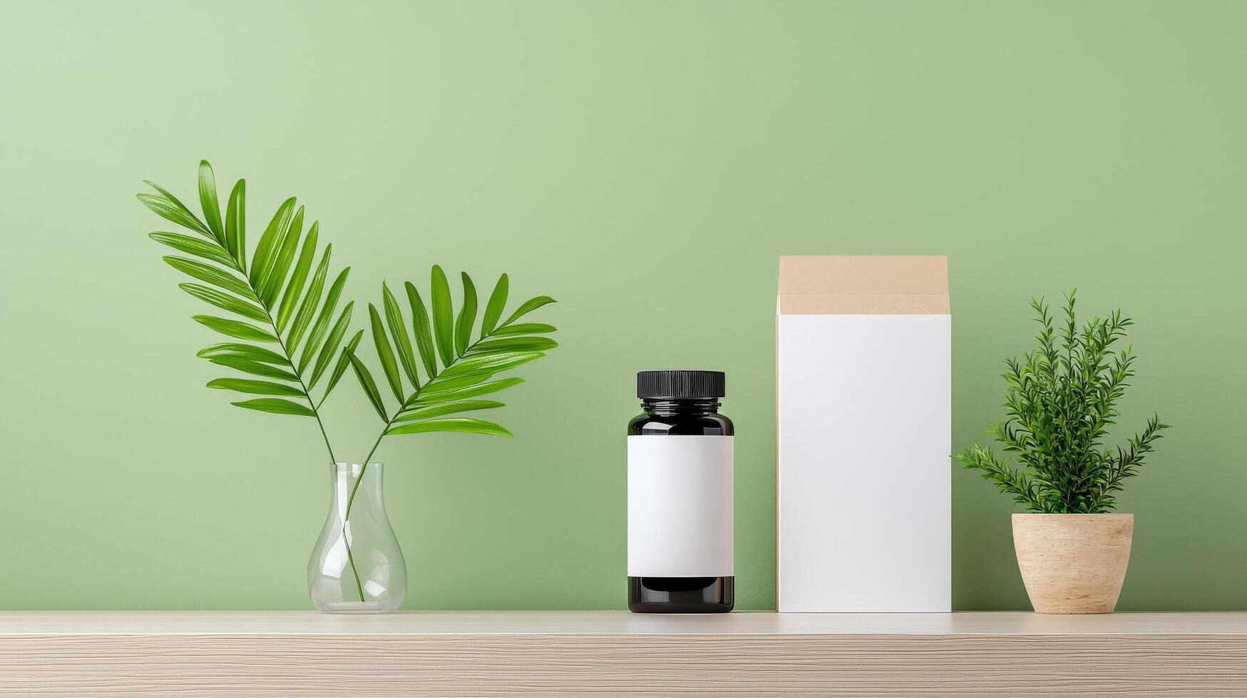 A bottle of medicine sits on a table next to a white box and a potted plant photo