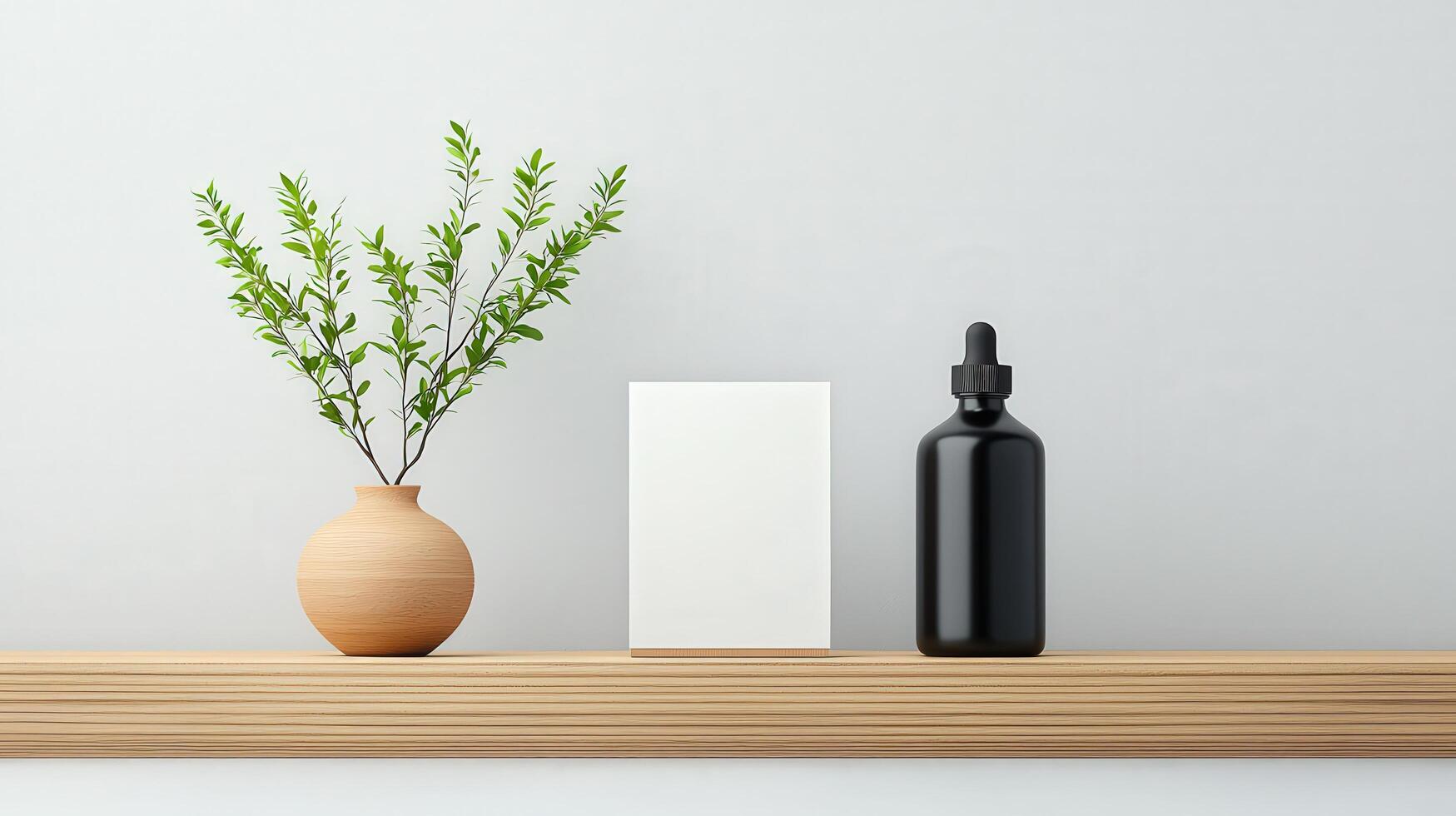 A black bottle sits on a shelf next to a white box and a vase with green leaves photo