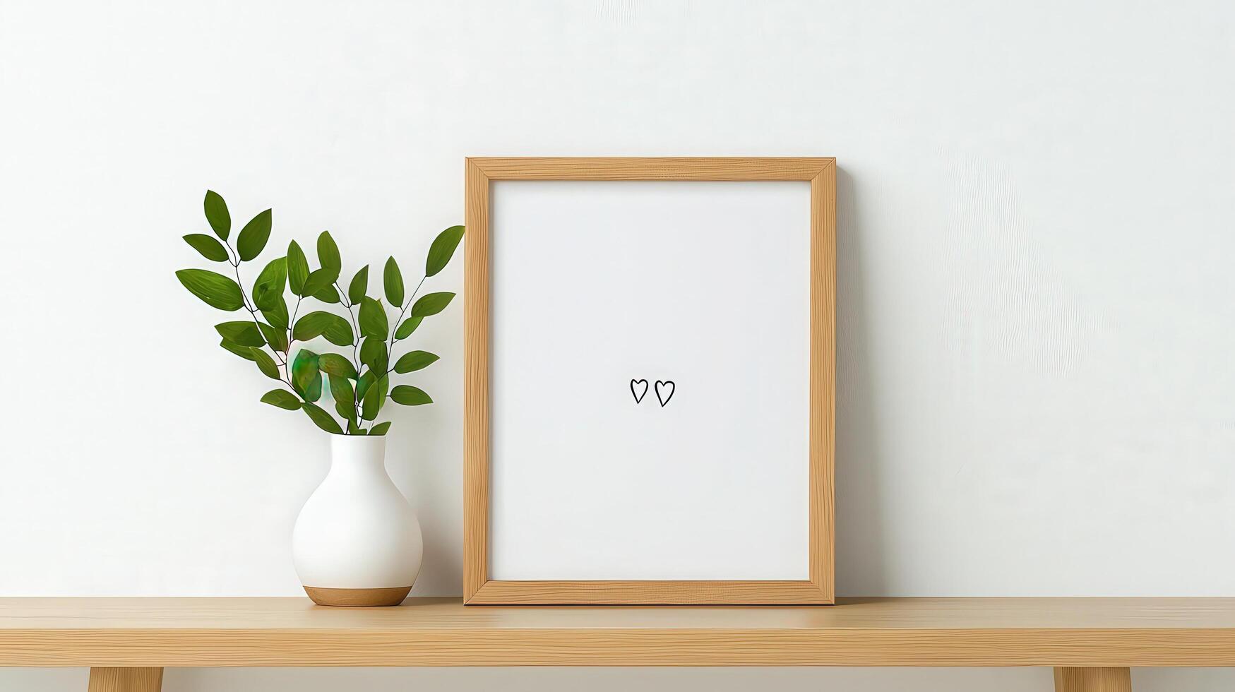 A white framed picture with a heart on it sits on a shelf next to a vase of gree photo