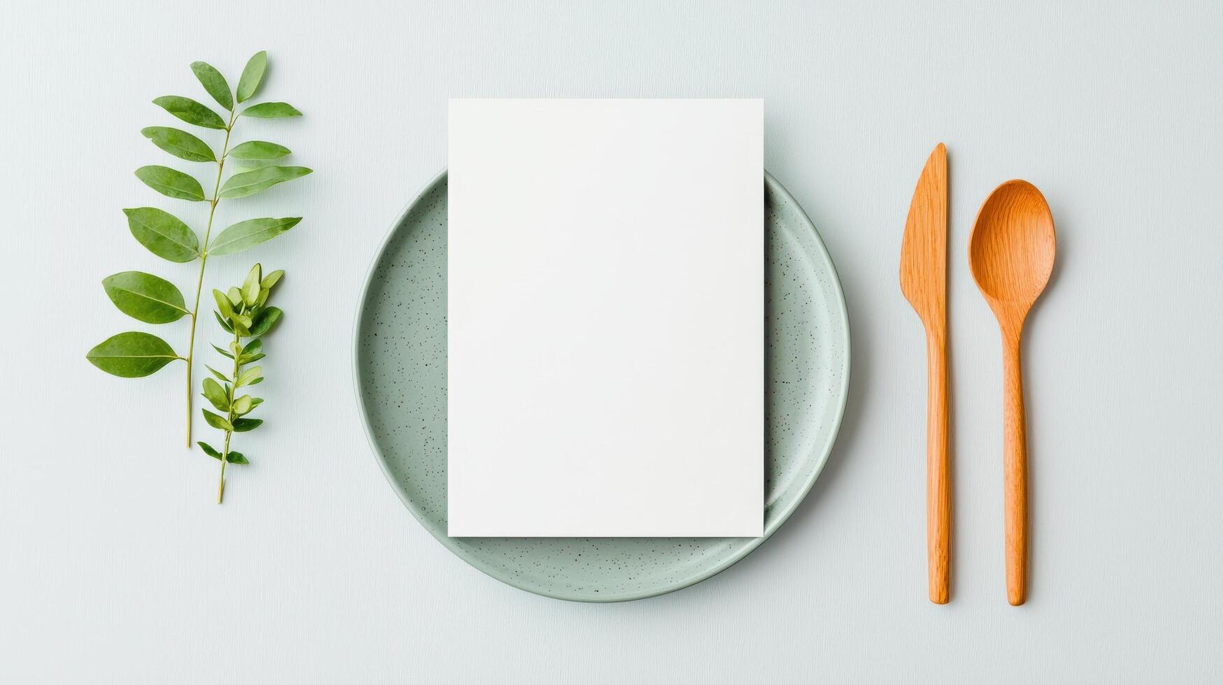 A white plate with a fork and spoon on it and a leaf on the plate photo