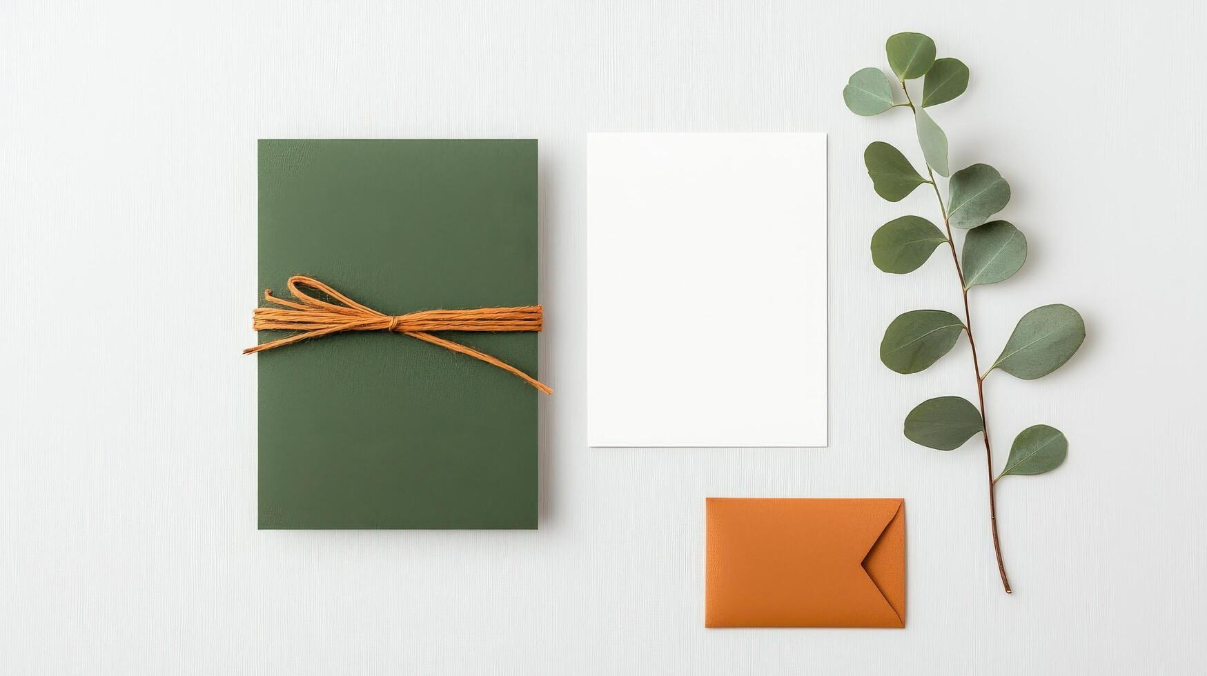 A green card with a white ribbon tied around it sits on a table next to a white photo