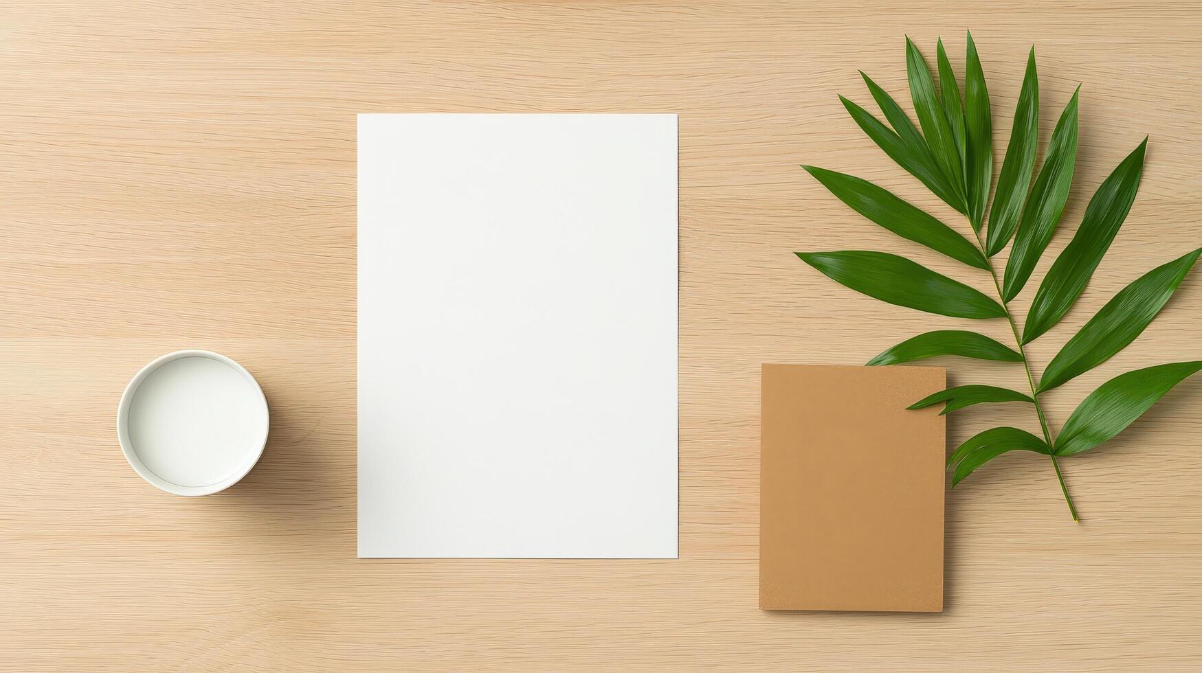 A white piece of paper sits on a wooden table next to a cup and a leaf photo