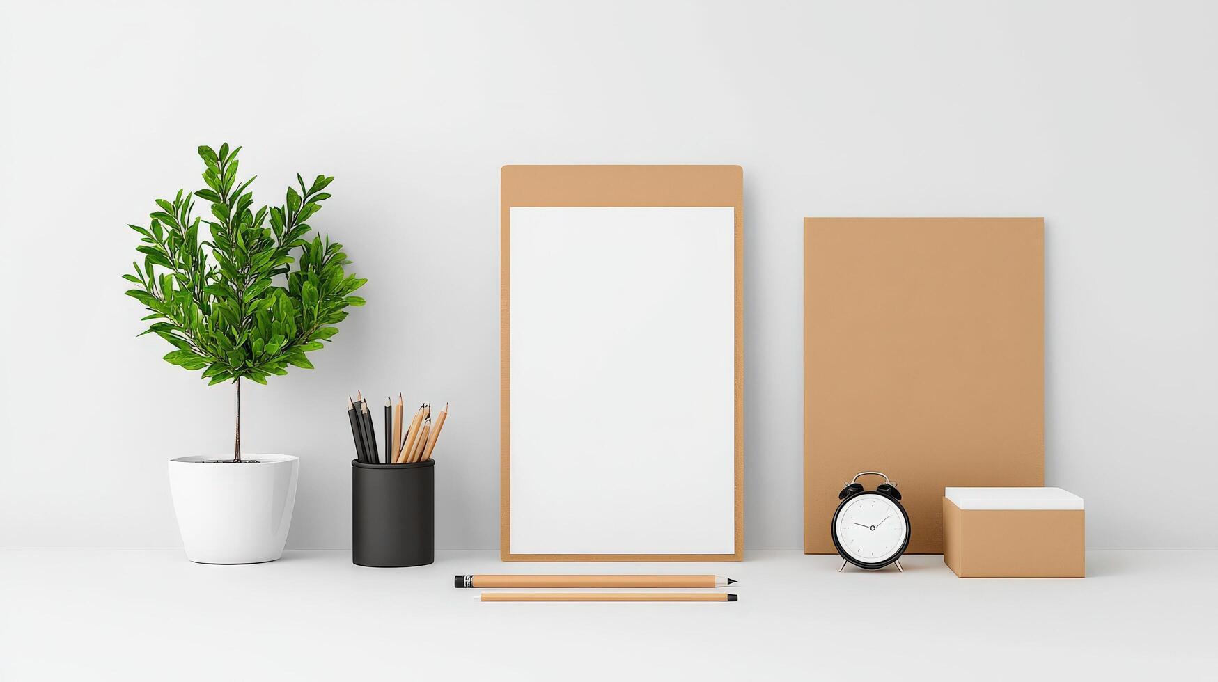 A white box with a clock on it sits on a table next to a potted plant photo