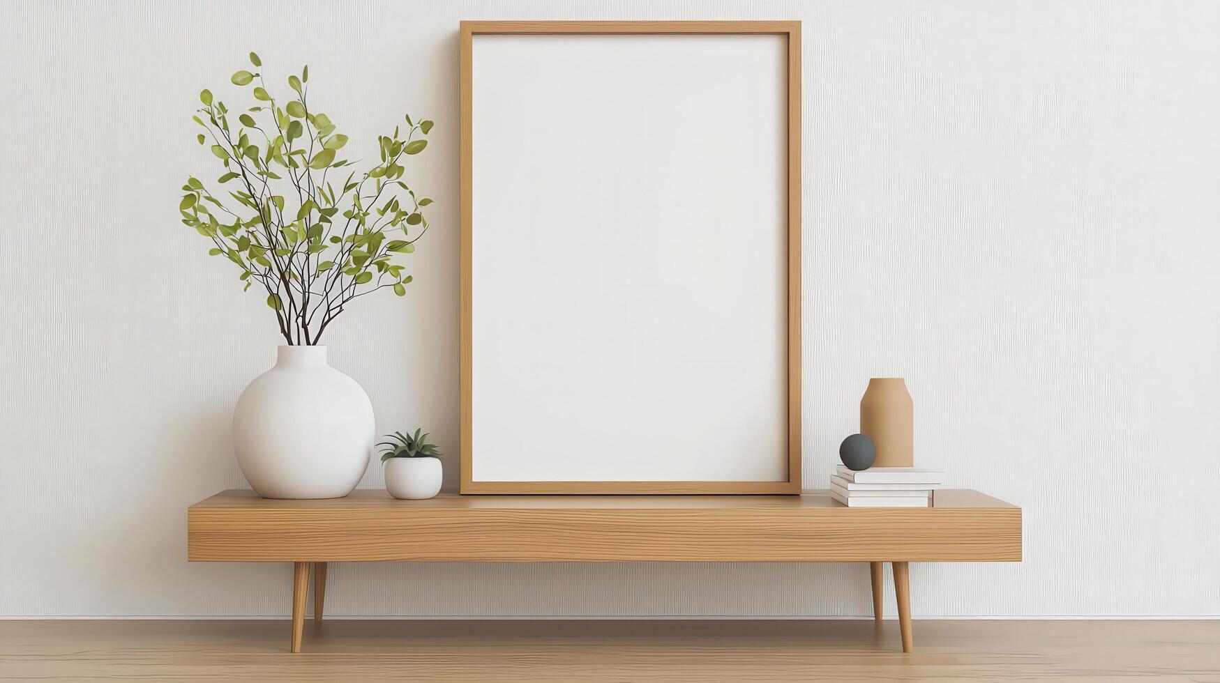 A wooden shelf with a white vase and a picture frame on it photo