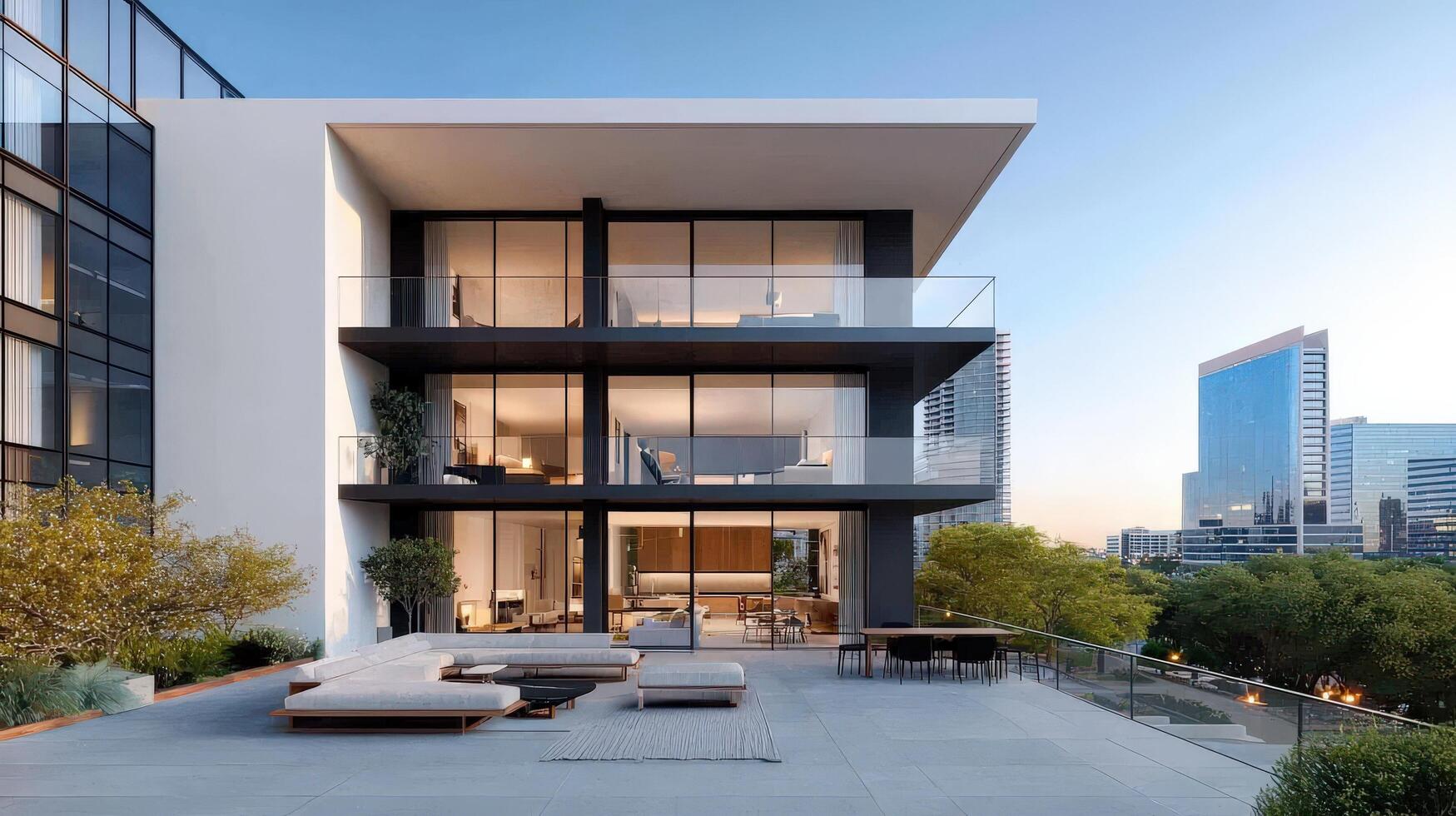 A large, modern apartment building with a balcony overlooking a city photo