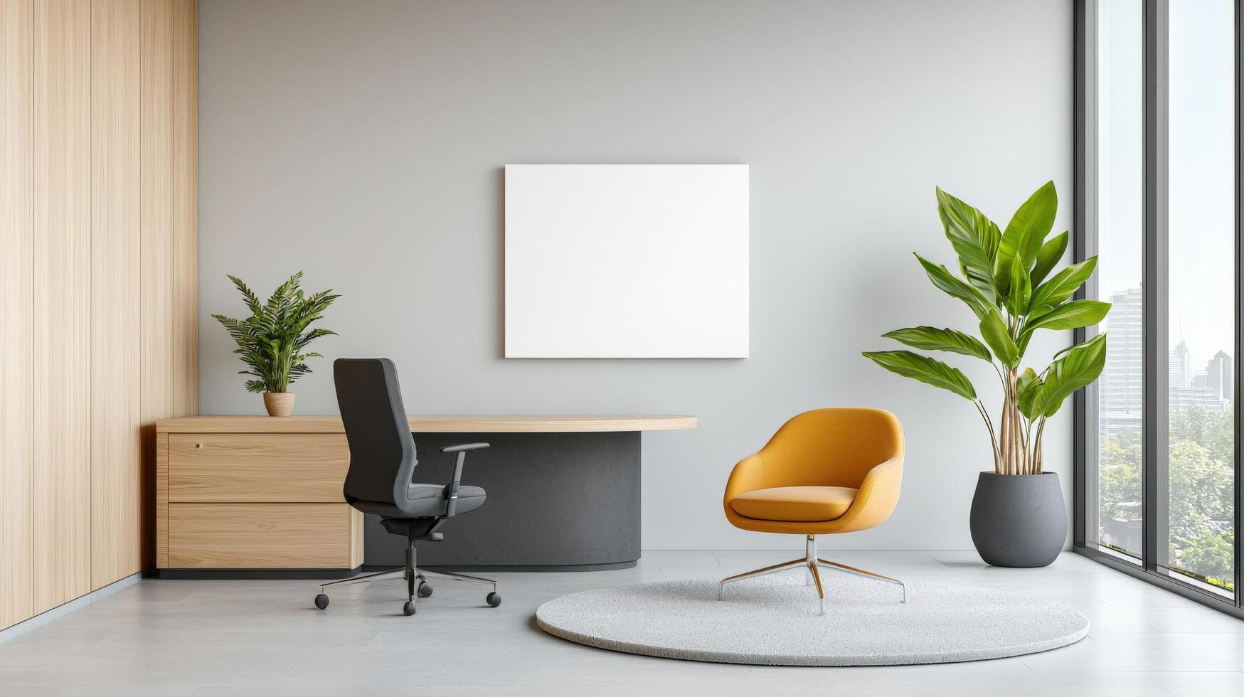 A white wall with a picture and a chair in front of it photo