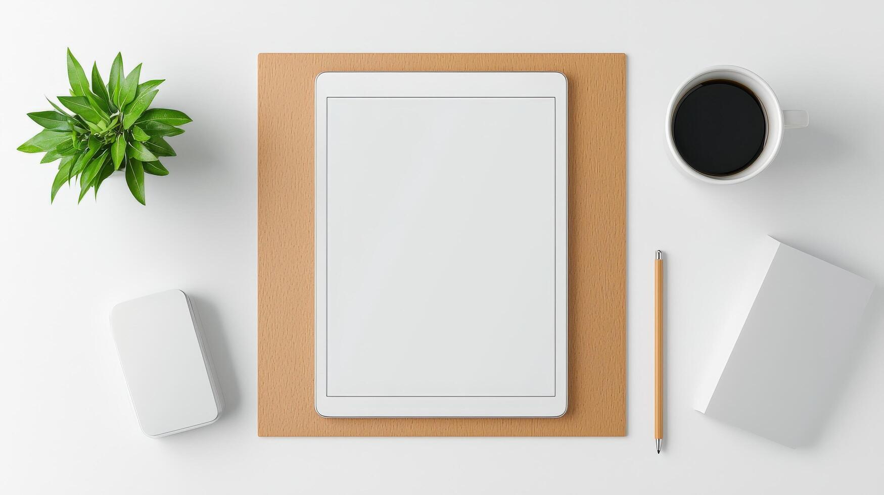 A white tablet sits on a wooden surface with a pen and a cup of coffee photo
