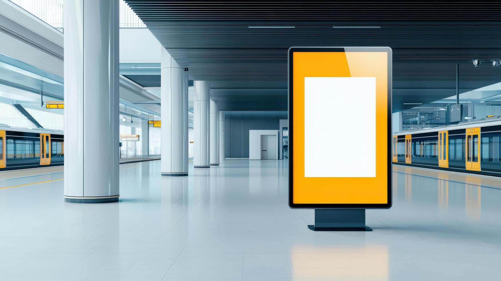 A large, empty billboard sits in a train station photo
