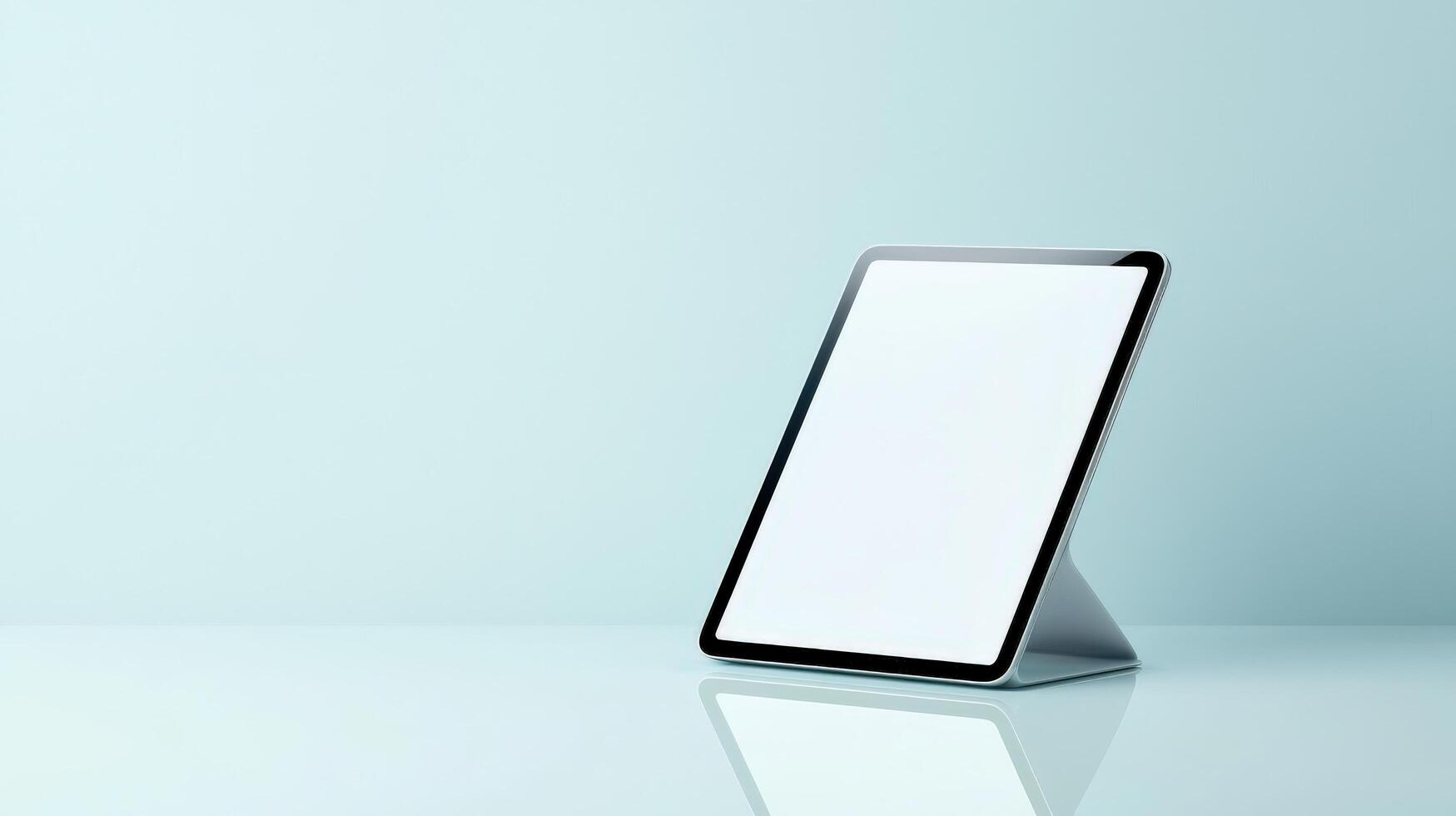 A tablet is sitting on a table with a blue background photo