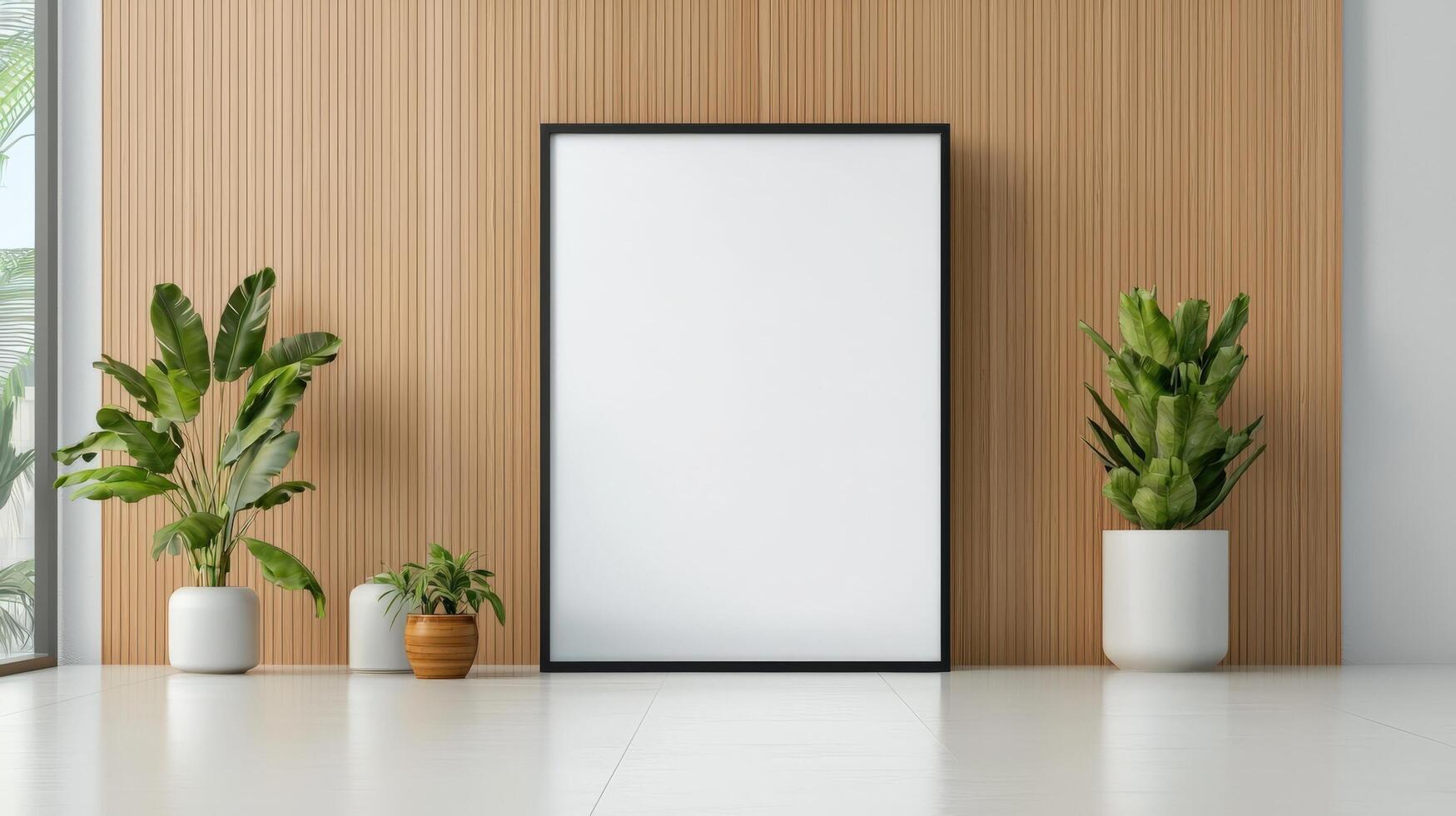 A white framed picture sits in front of a wall of wood photo