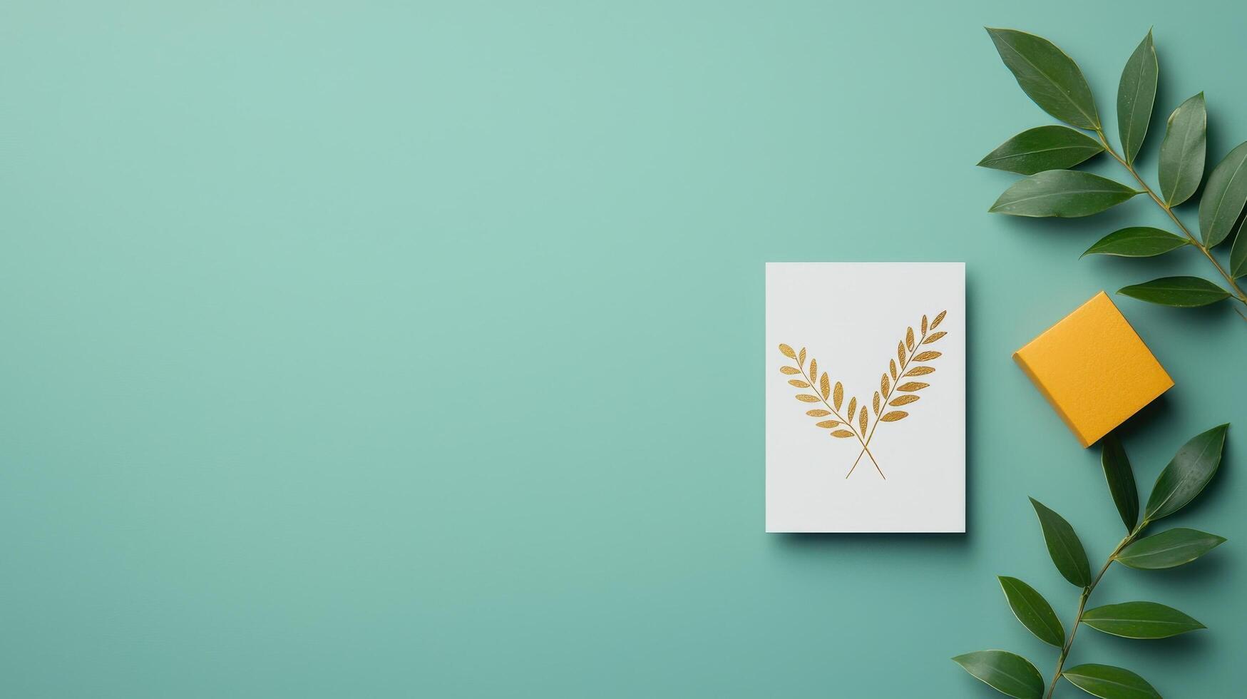 A white card with a gold leaf design sits on a green background photo