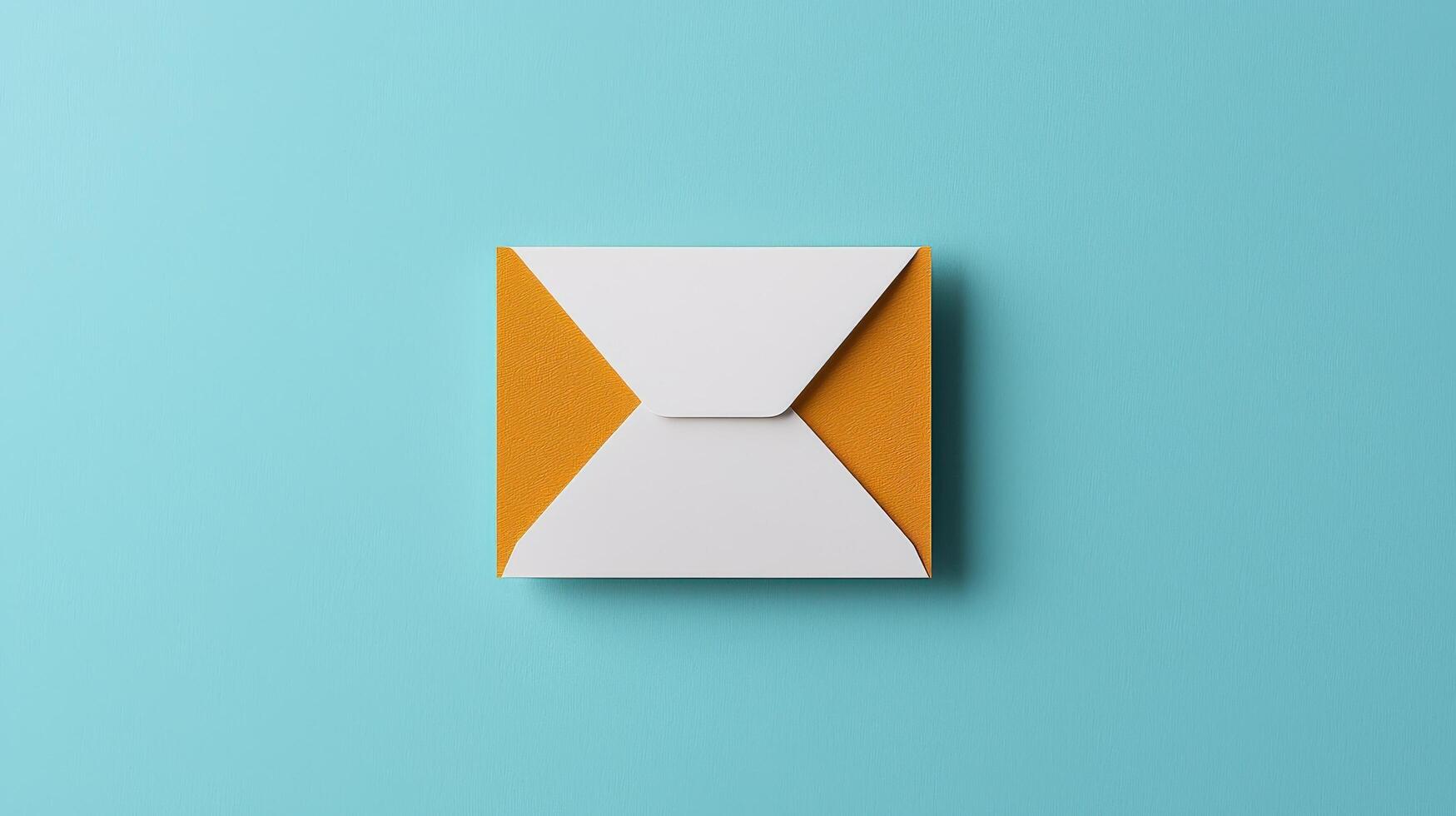A white envelope with a yellow border sits on a blue wall photo