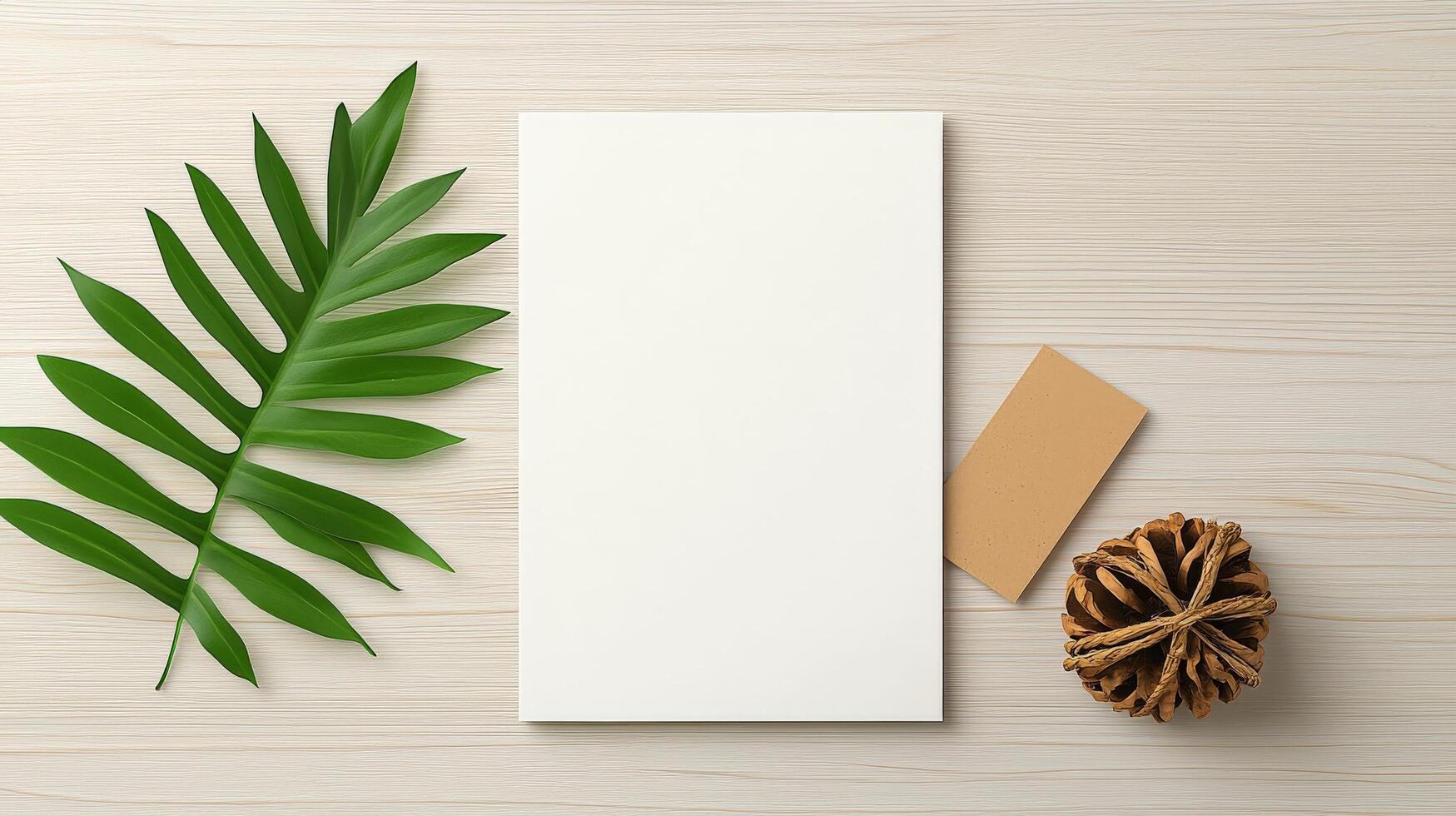 A white piece of paper sits on a wooden table with a leaf and a pinecone photo