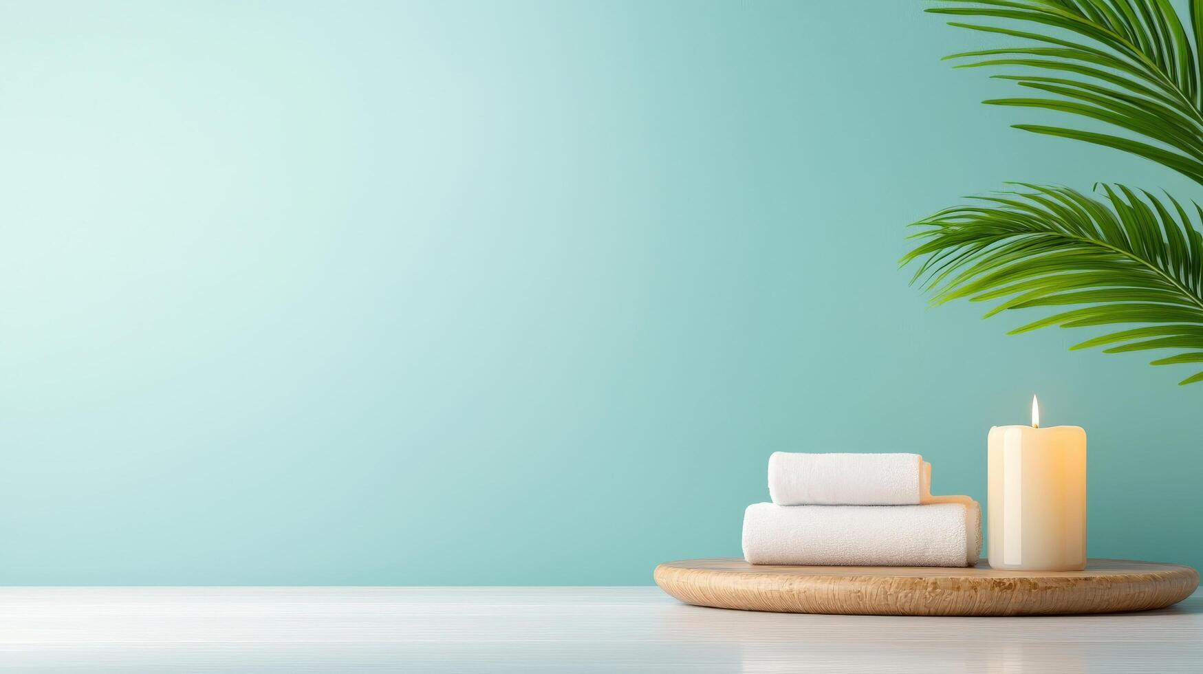 A candle is lit on a wooden tray with two white towels on top photo