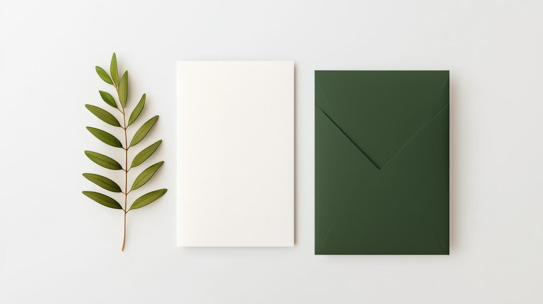 A green envelope sits on a white background with a leaf next to it photo