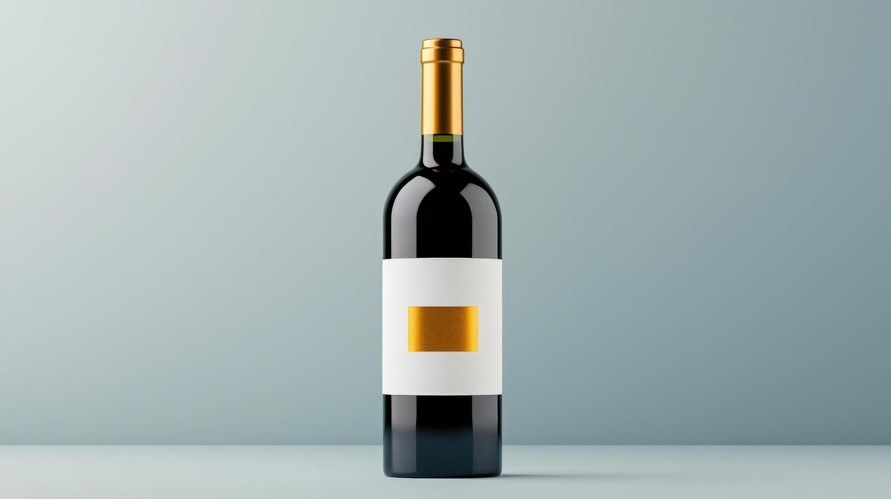 A bottle of wine with a gold label and a white label photo