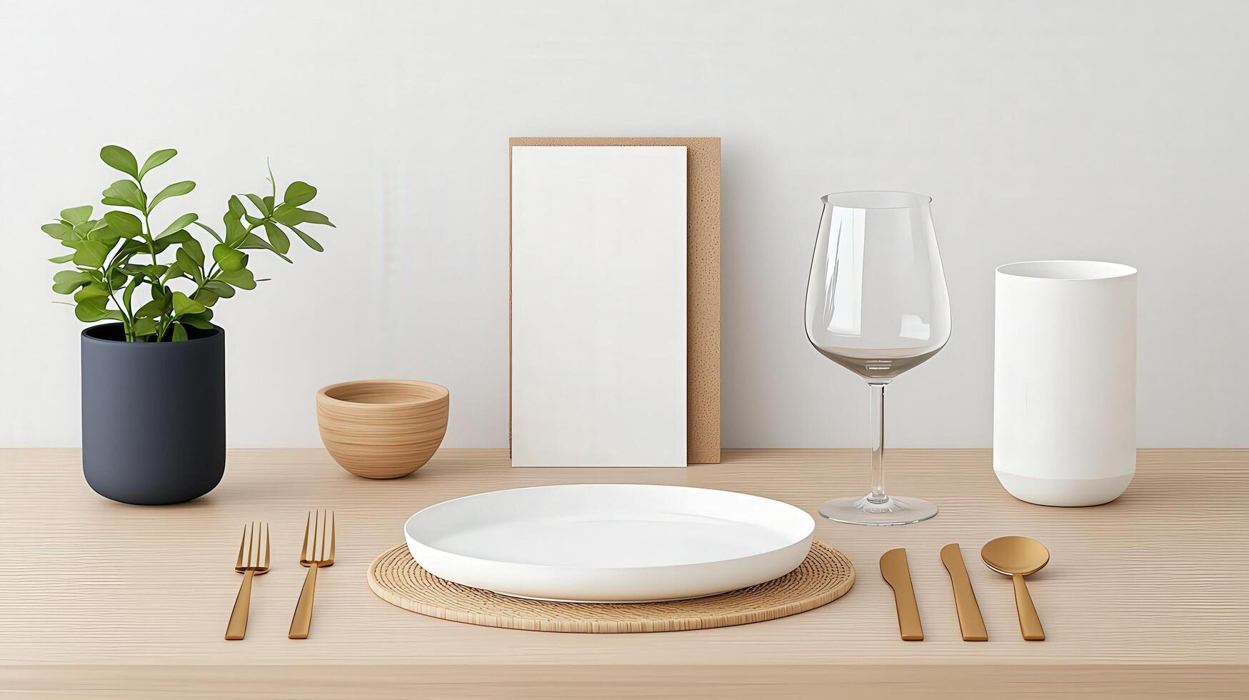 A table with a white plate, a fork, a spoon, a bowl, a wine glass photo