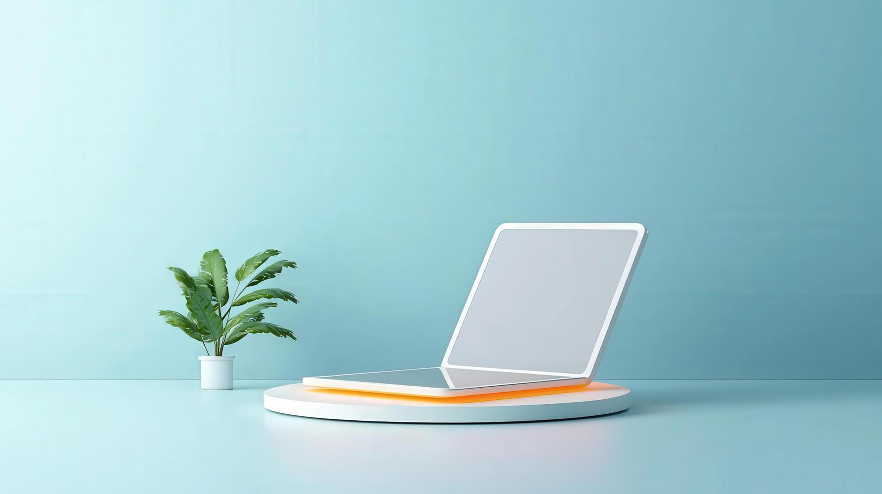 A laptop is placed on a white pedestal in front of a plant photo