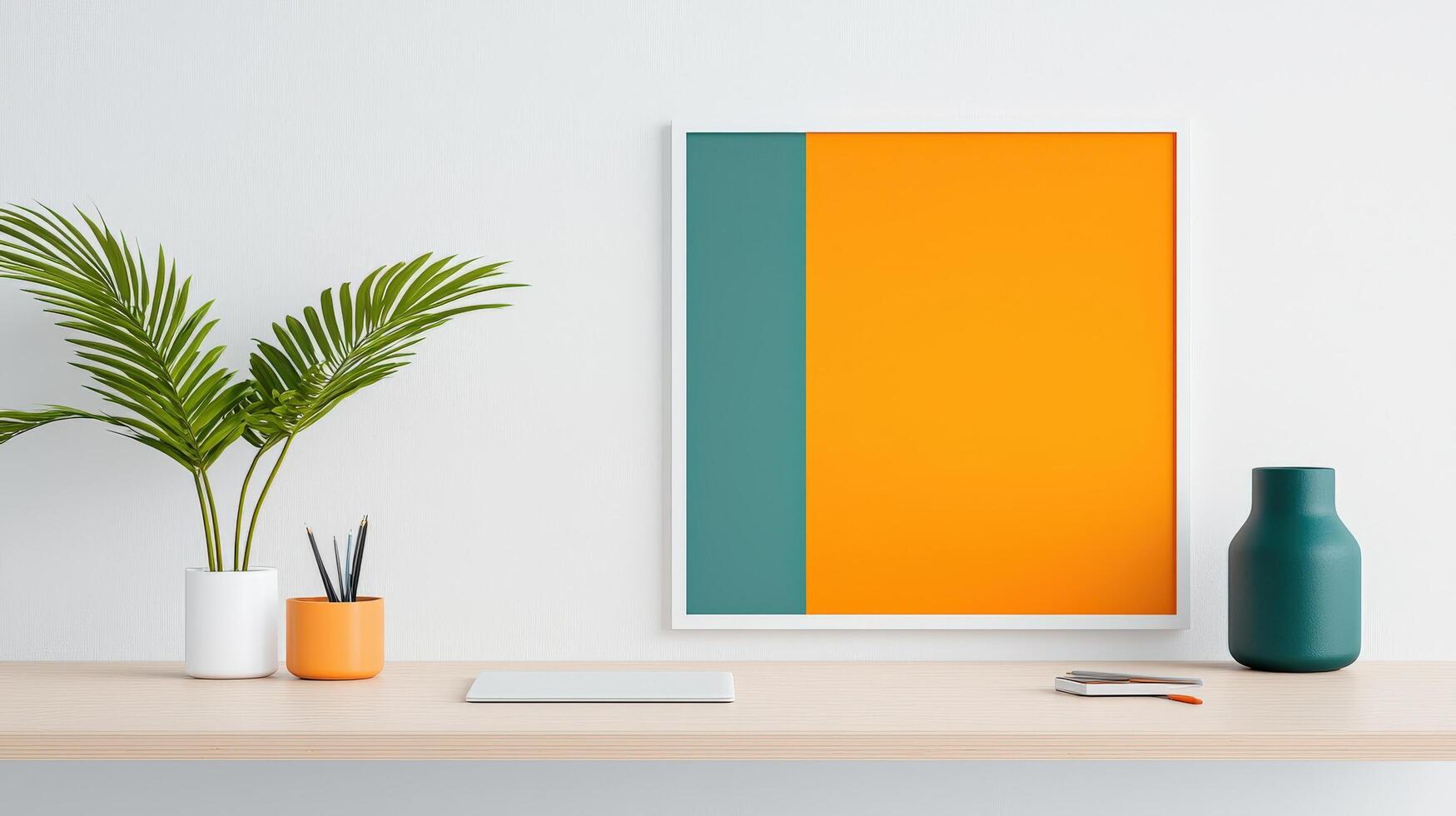 A white wall with a green and orange framed picture and a green vase photo