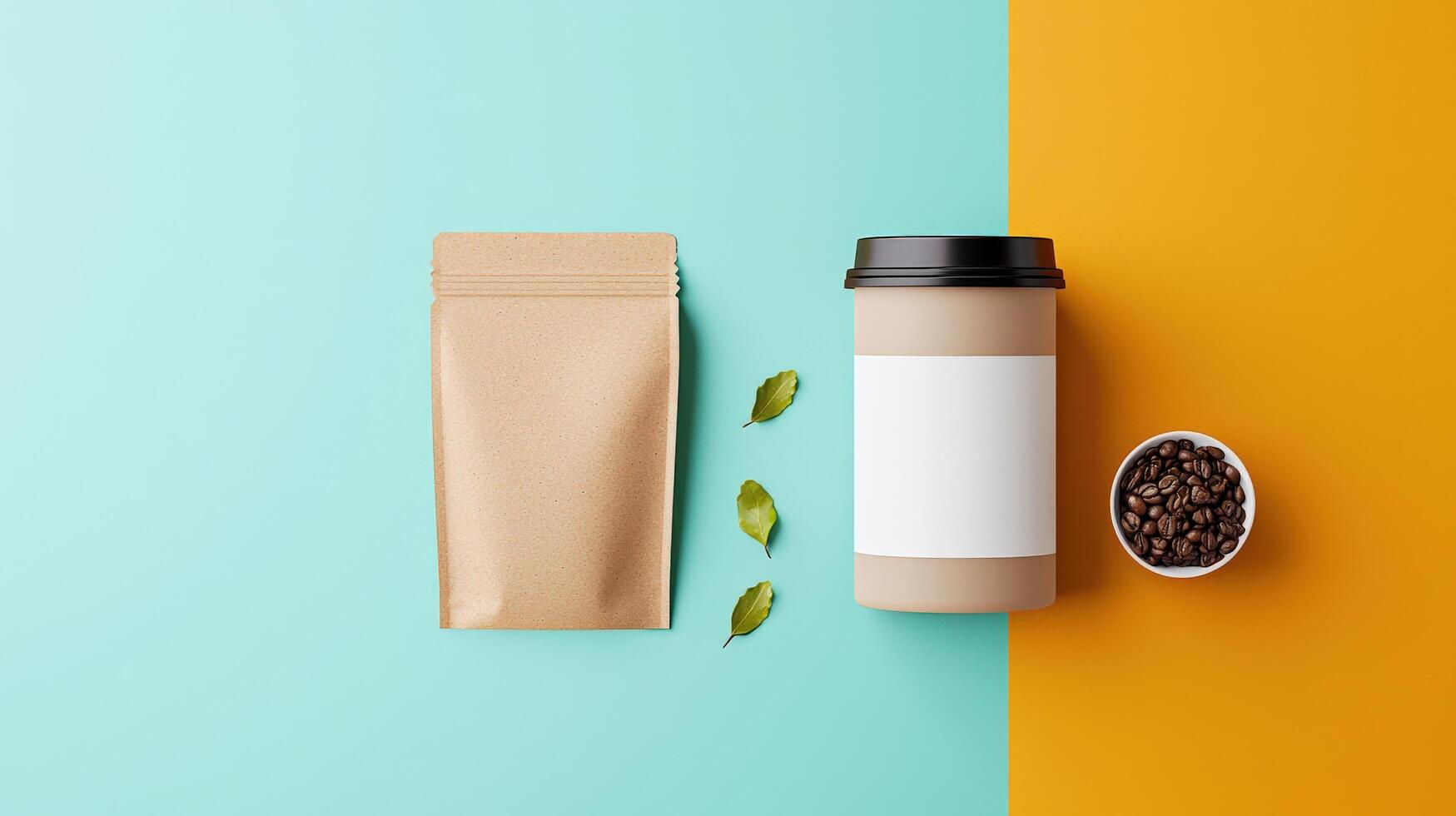 A coffee cup and a bag of coffee beans are displayed on a blue photo