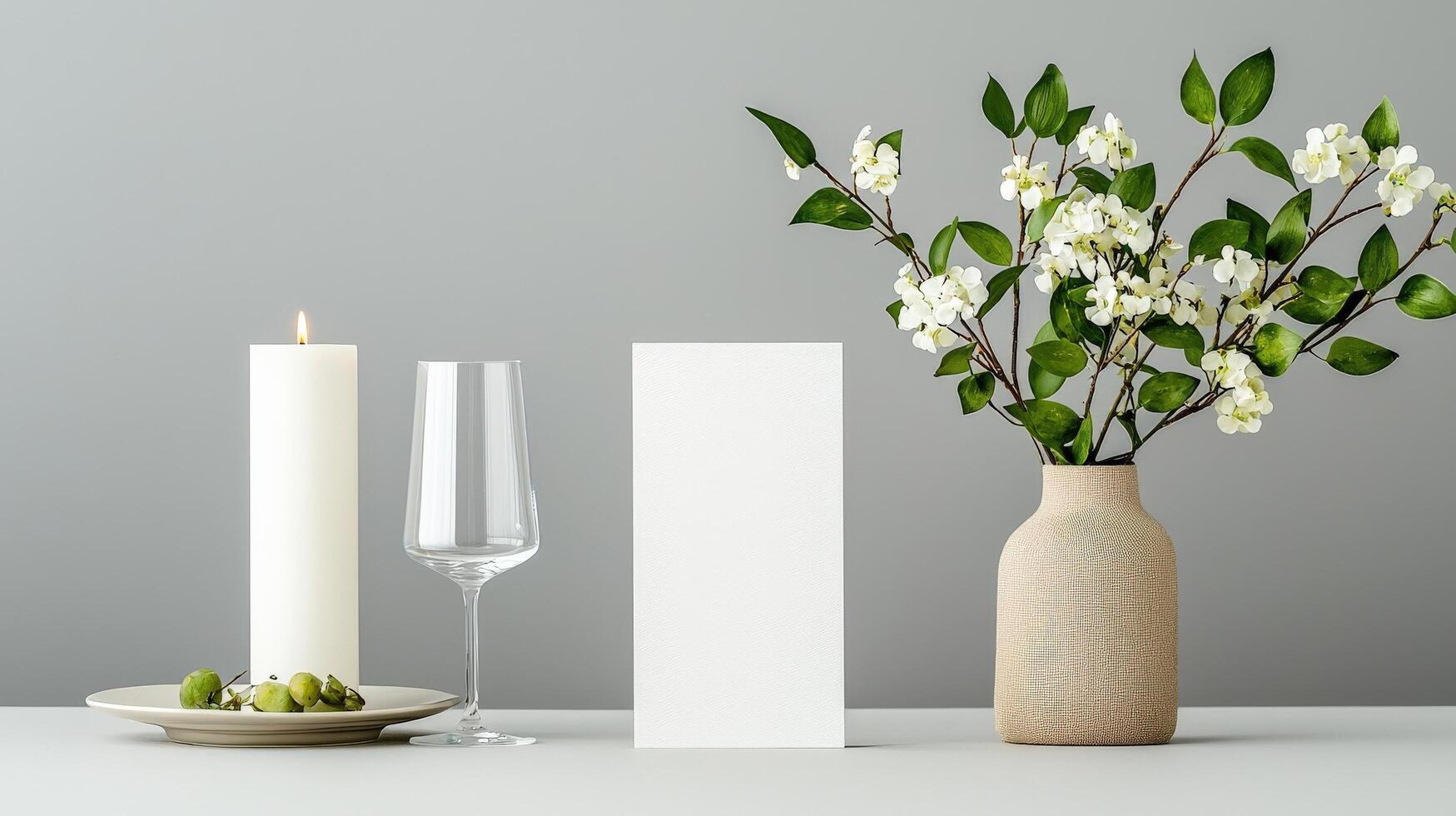 A candle, a wine glass, and a white card are on a table photo