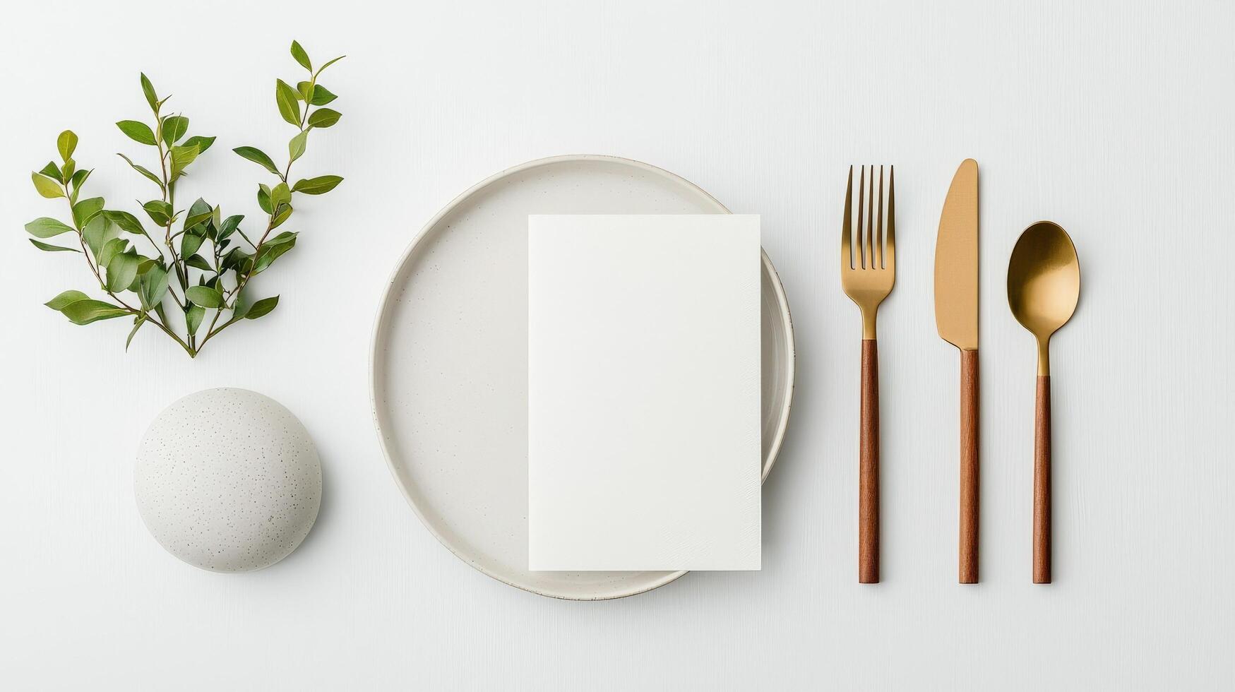 A minimal white plate with a fork, knife, and spoon on it photo