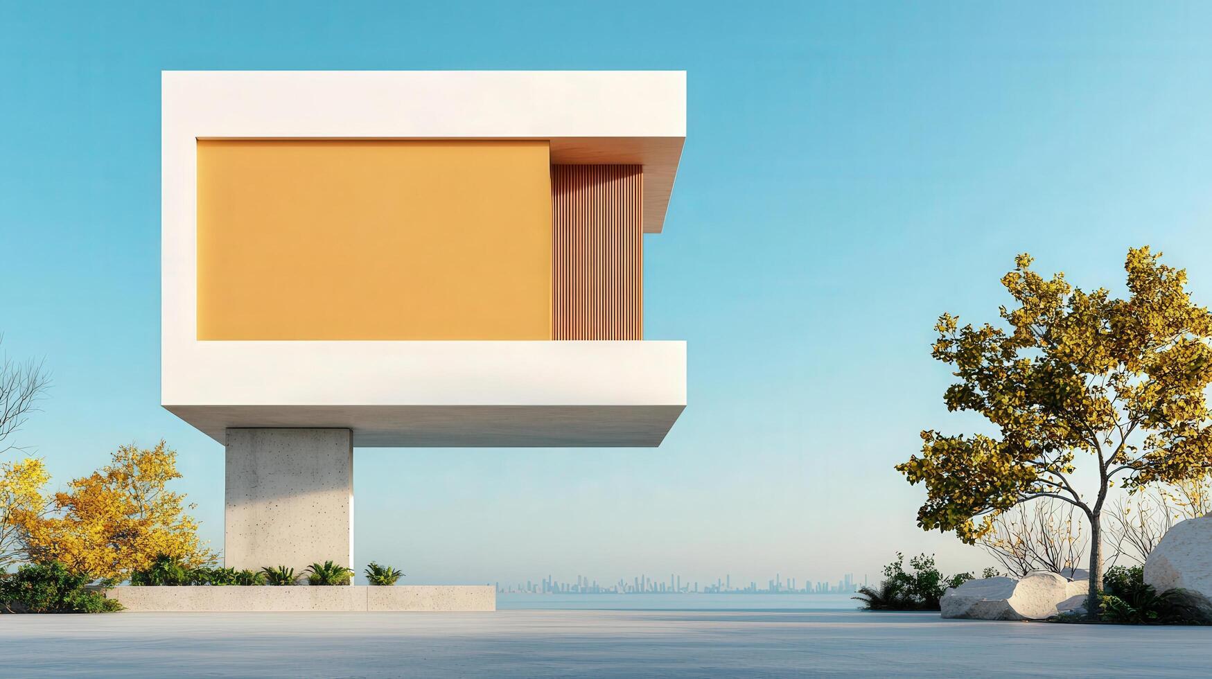 A white and yellow building with a balcony and a tree in the background photo
