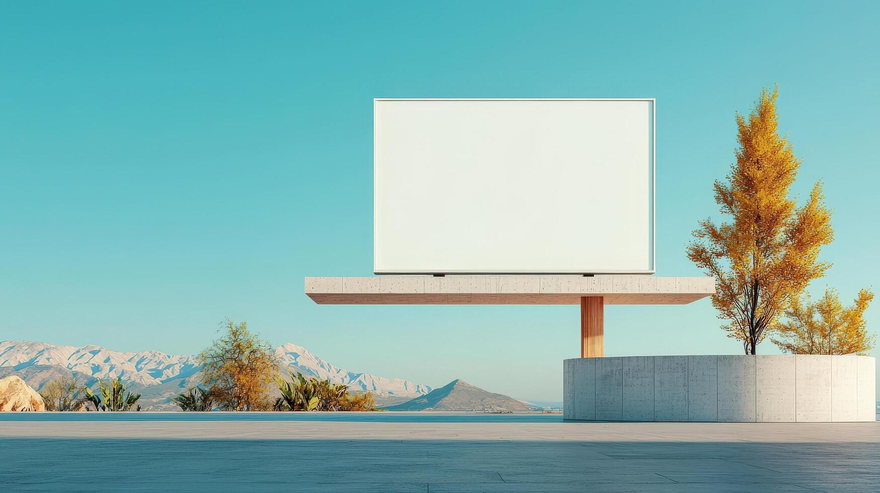A large white billboard is suspended in the air above a concrete wall photo