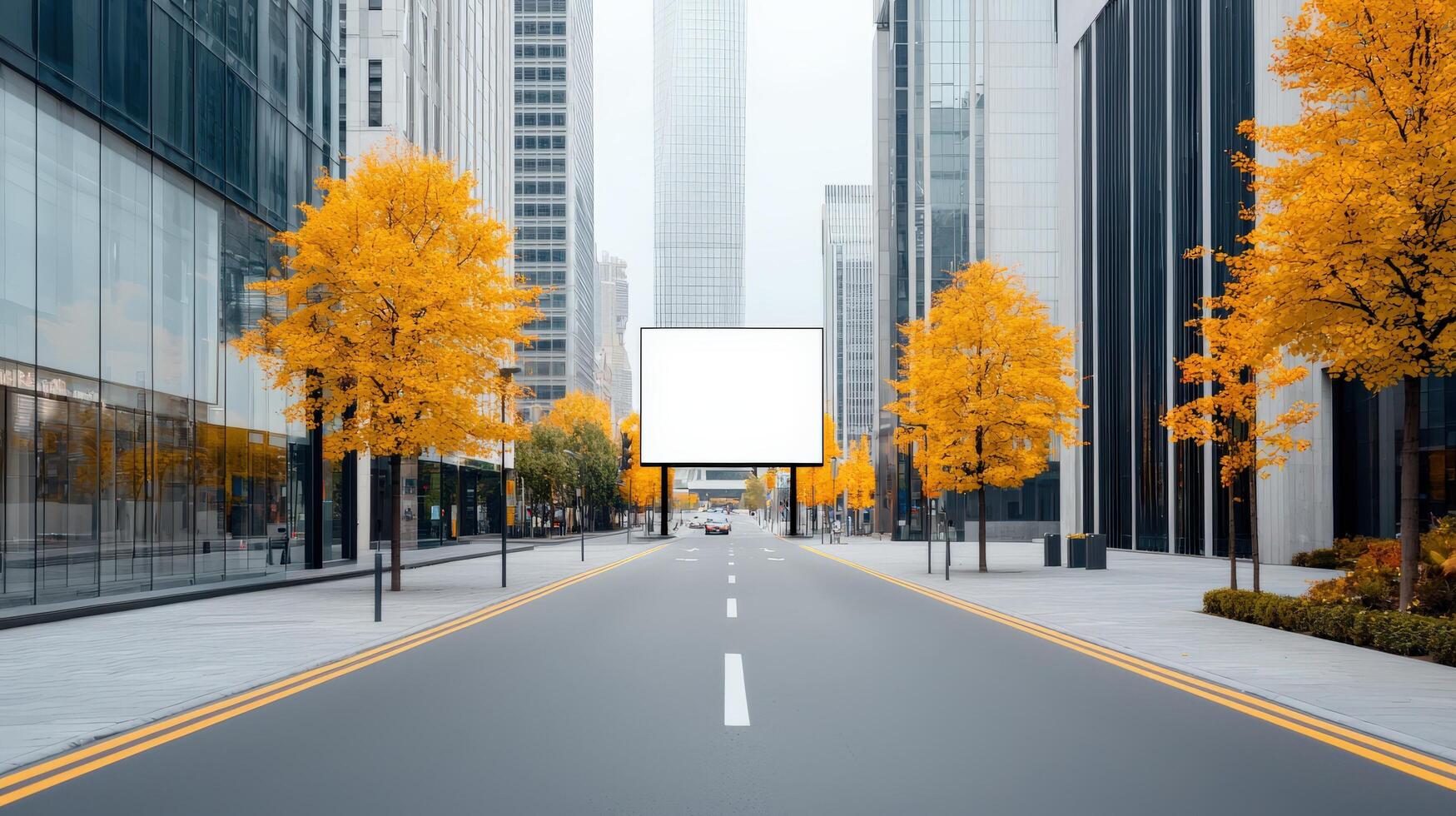 A city street with a large white billboard in the middle photo