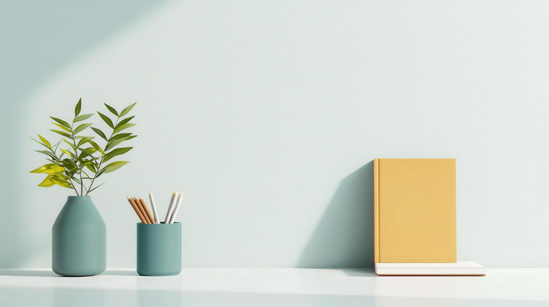 A white wall with a green plant and two vases on it photo