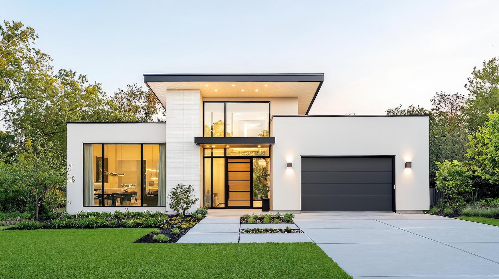 A modern home with a large front porch and a black garage door photo