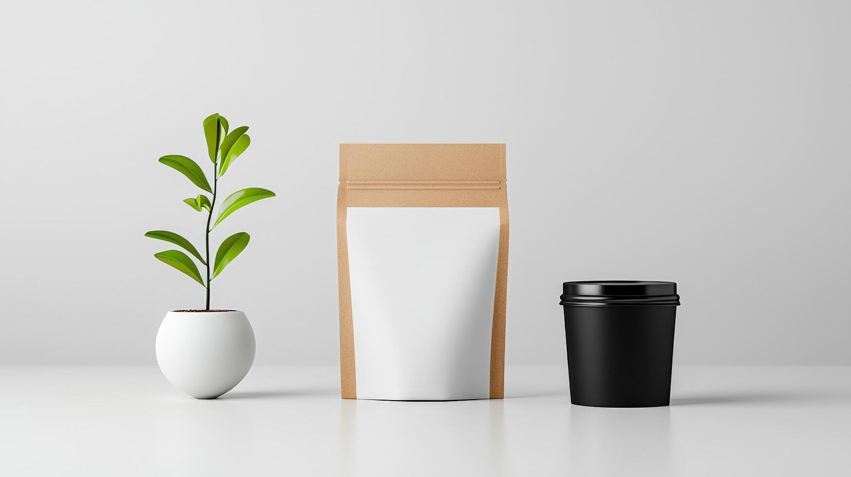 A white and brown paper bag with a plant in a white vase sits on a table photo