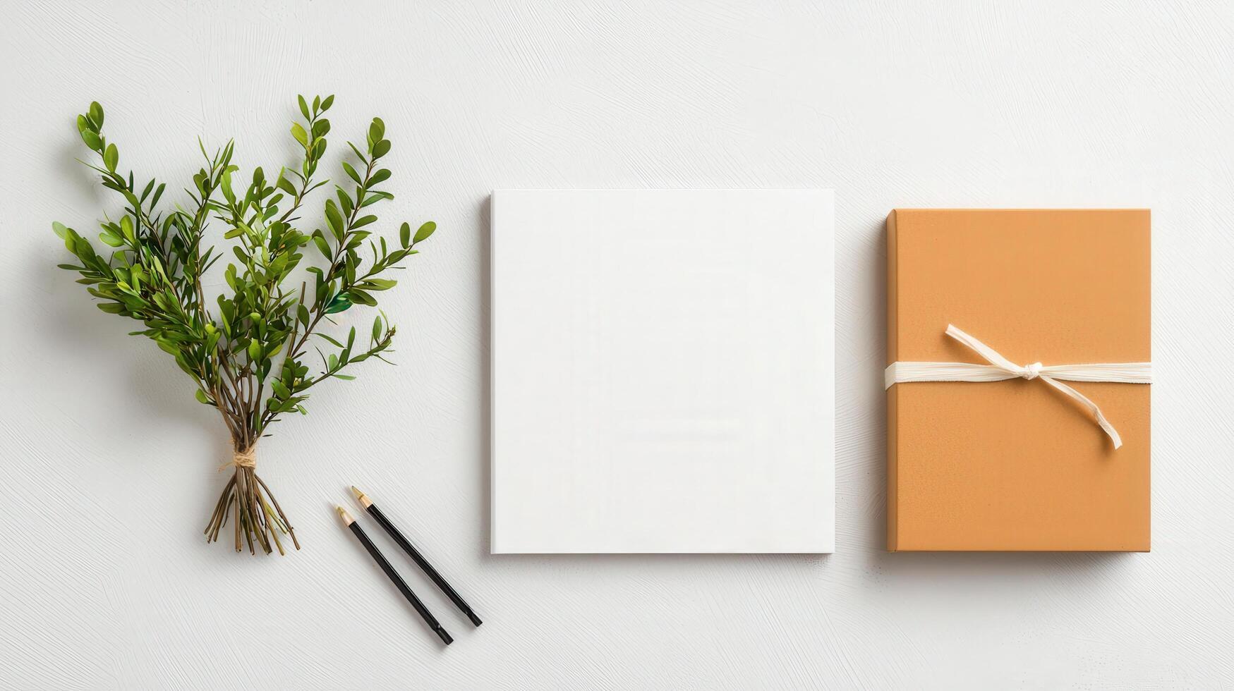 A white box with a ribbon tied around it sits on a table next to a pencil photo